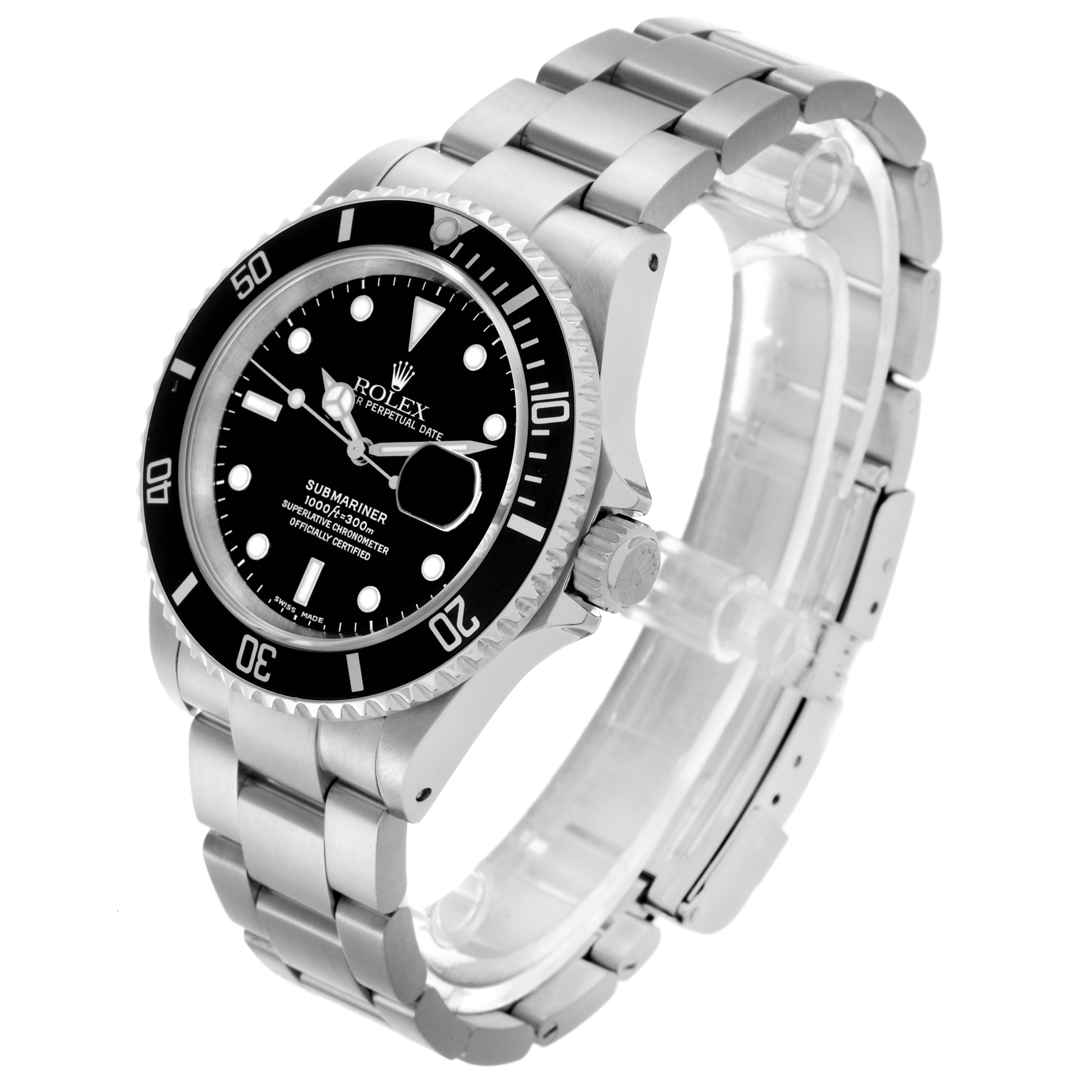 The Rolex Submariner 16610 Men's Stainless Steel Black Dial 16610 Men's Stainless Steel Black Dial is shown at an angled side view, highlighting the case, bezel, dial, and bracelet.