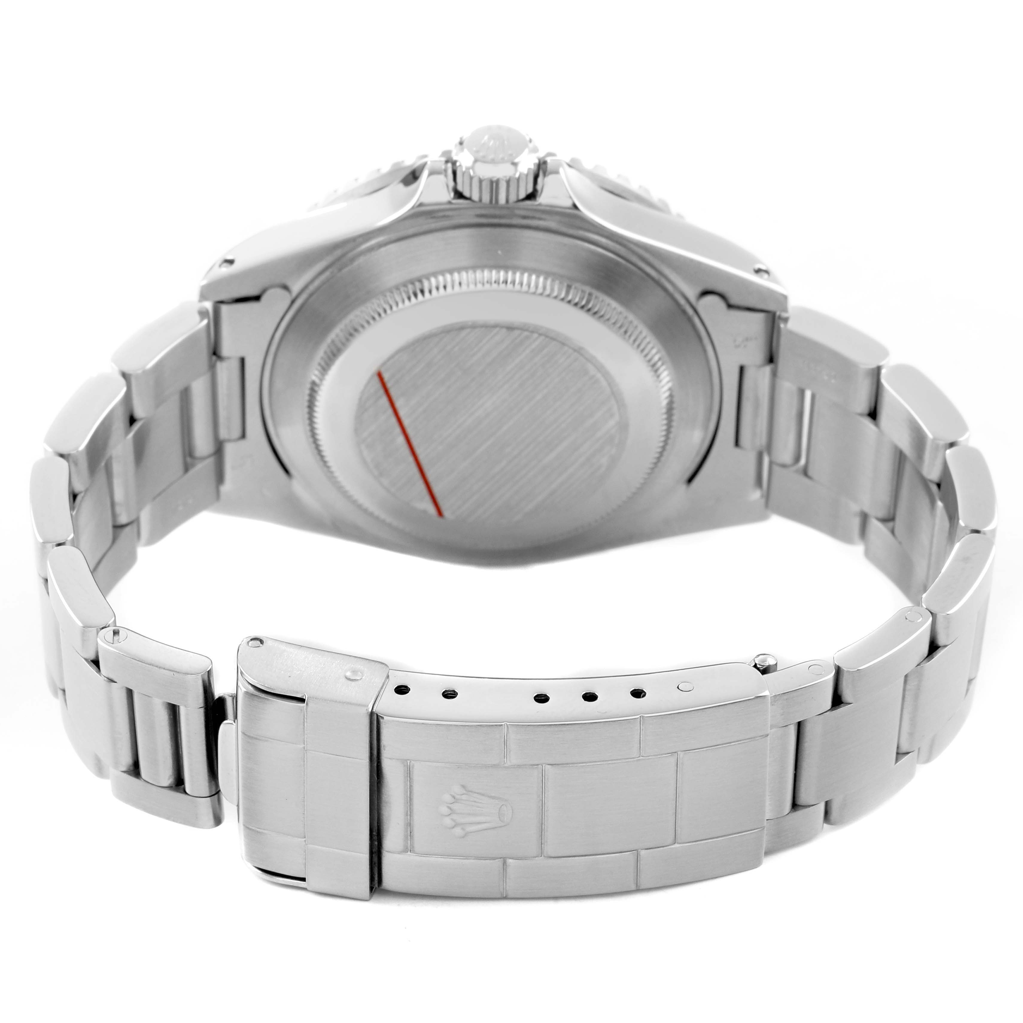 The image shows the back view of a Rolex Submariner 16610 Men's Stainless Steel Black Dial, focusing on the case back, bracelet, and clasp.