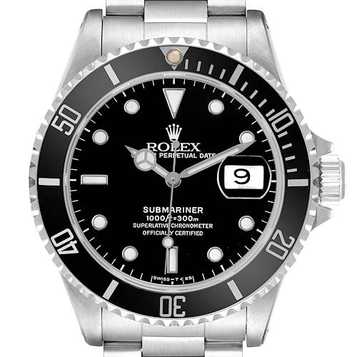 The Rolex Submariner 16610 Men's Stainless Steel Black Dial is shown from a front angle, displaying the dial, bezel, crown, and part of the bracelet.