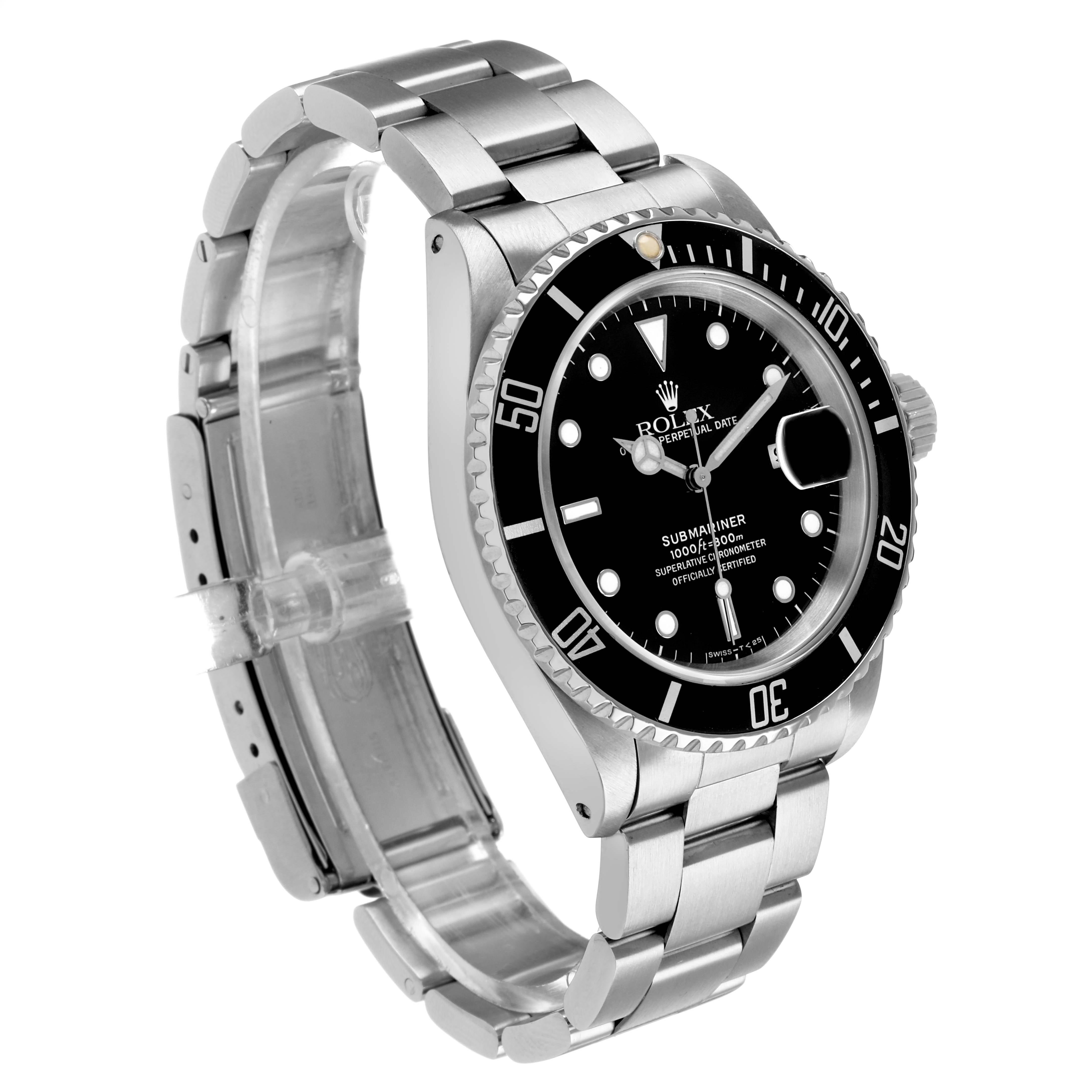 The Rolex Submariner 16610 Men's Stainless Steel Black Dial watch is shown at a three-quarter angle, highlighting the bracelet, bezel, and dial.