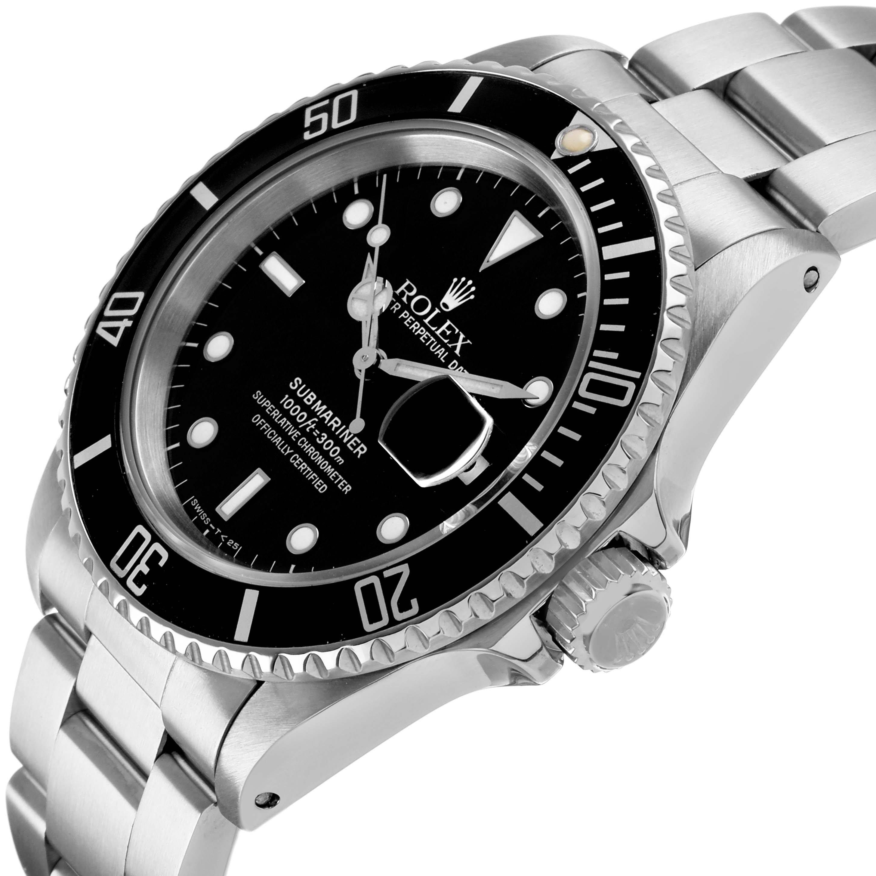 The image shows a side angle of the Rolex Submariner 16610 Men's Stainless Steel Black Dial, highlighting the watch face, bezel, crown, and part of the bracelet.