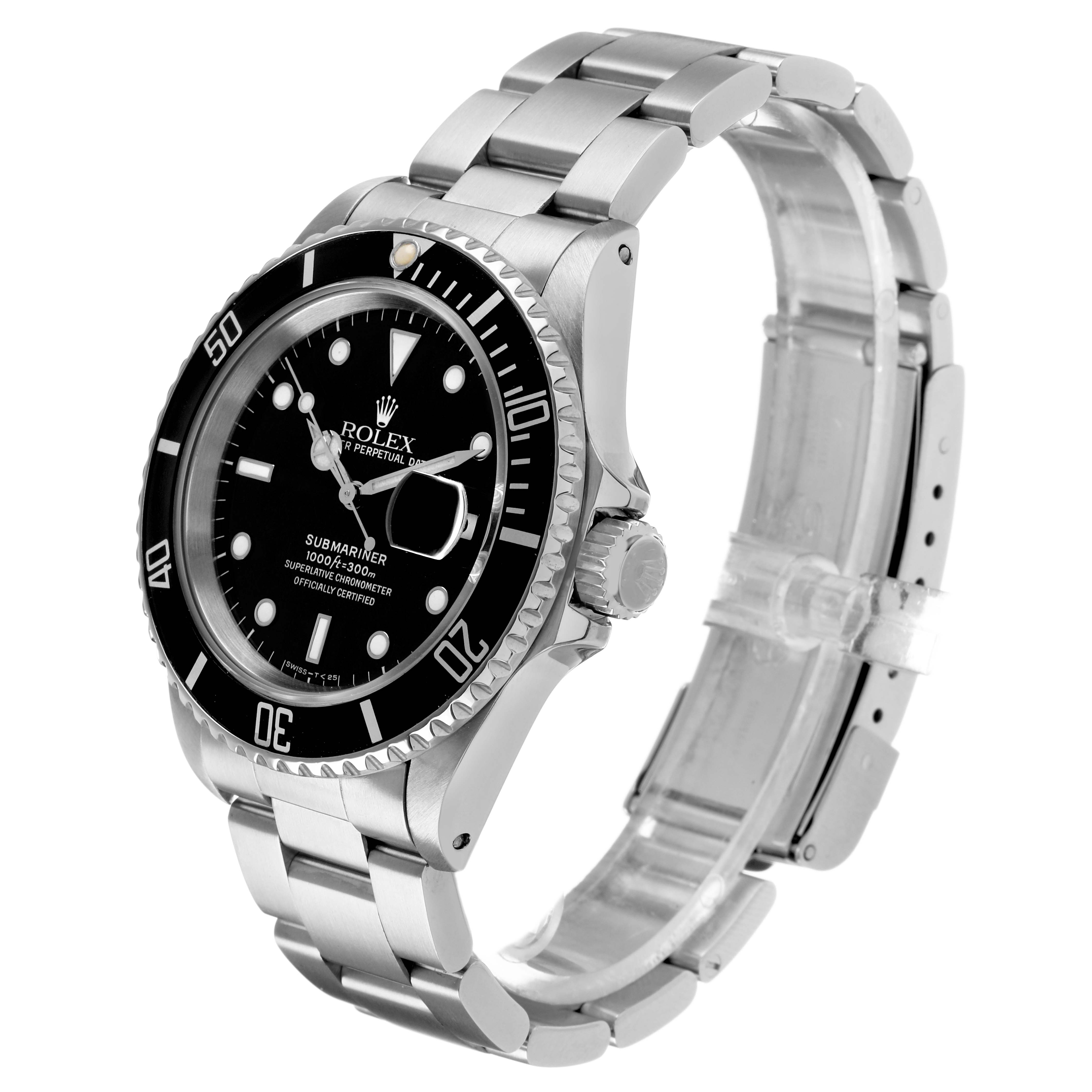 The Rolex Submariner 16610 Men's Stainless Steel Black Dial is shown at a three-quarter angle, displaying the watch face, bezel, crown, and metal bracelet.