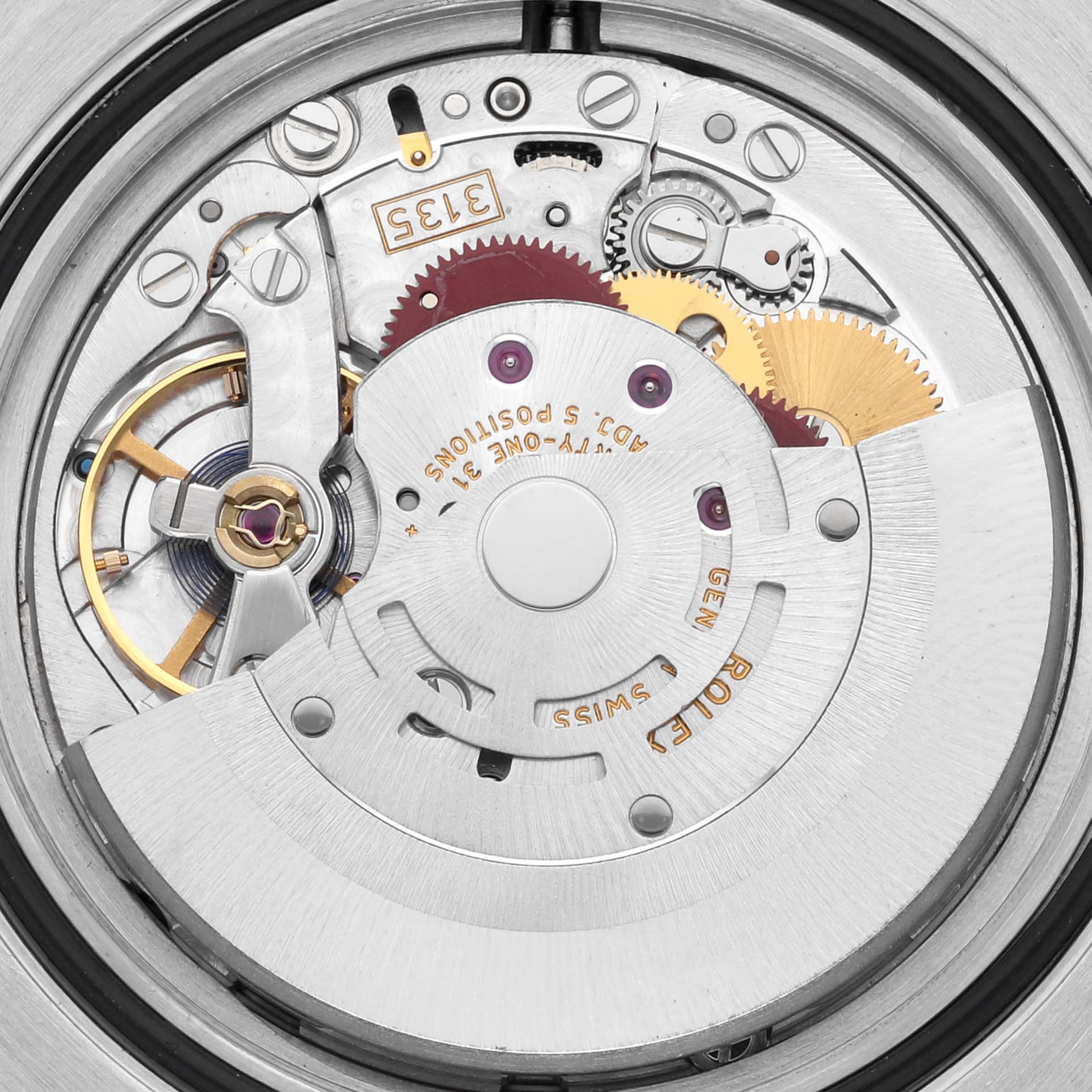 The image shows the intricate inner mechanism of a Rolex Submariner 116610LV Men's Stainless Steel Green Dial 116610LV Men's Stainless Steel Green Dial watch, focusing on its gears and movement components.