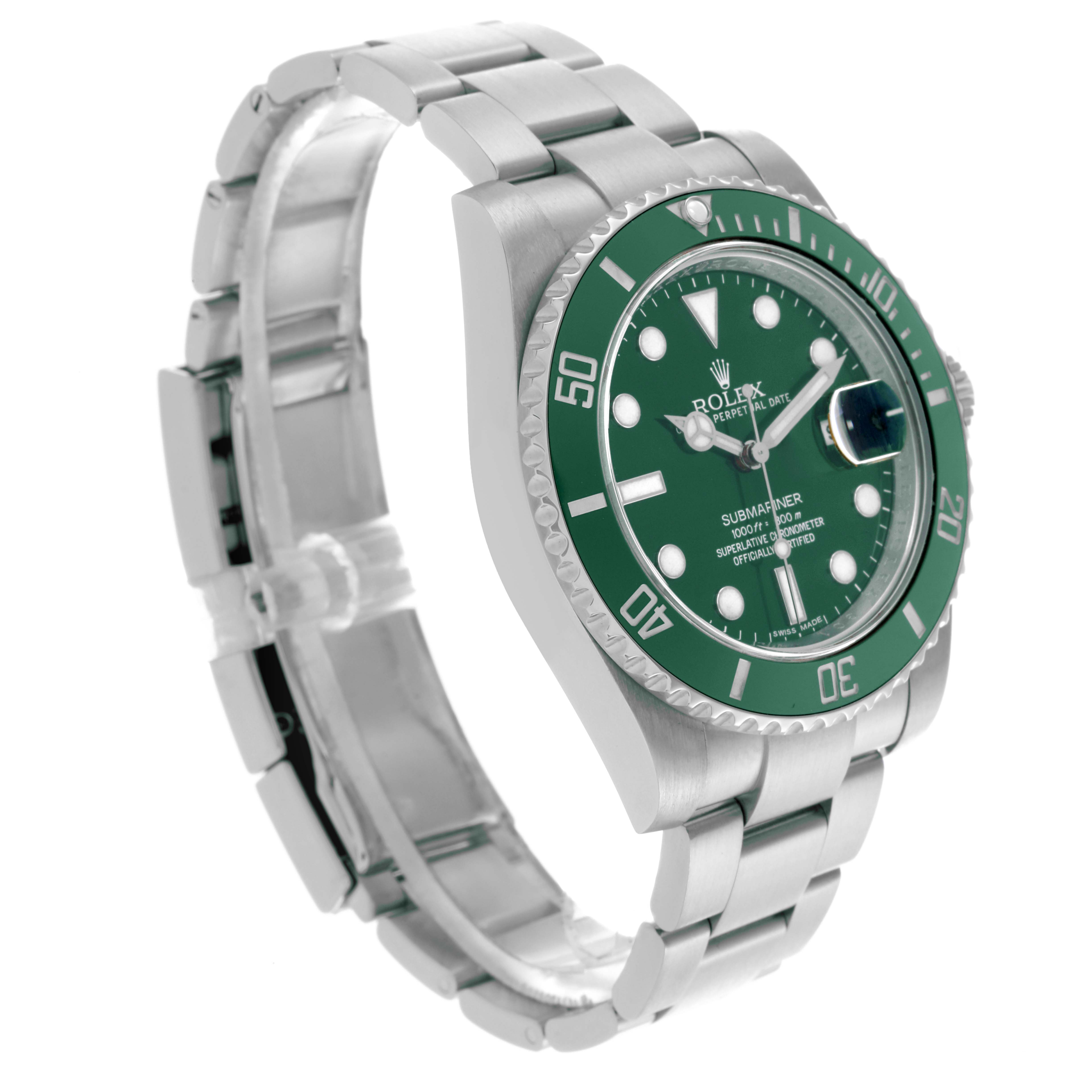 The Rolex Submariner 116610LV Men's Stainless Steel Green Dial 116610LV Men's Stainless Steel Green Dial watch is shown at a three-quarter angle, highlighting the green bezel, dial, and stainless steel bracelet.