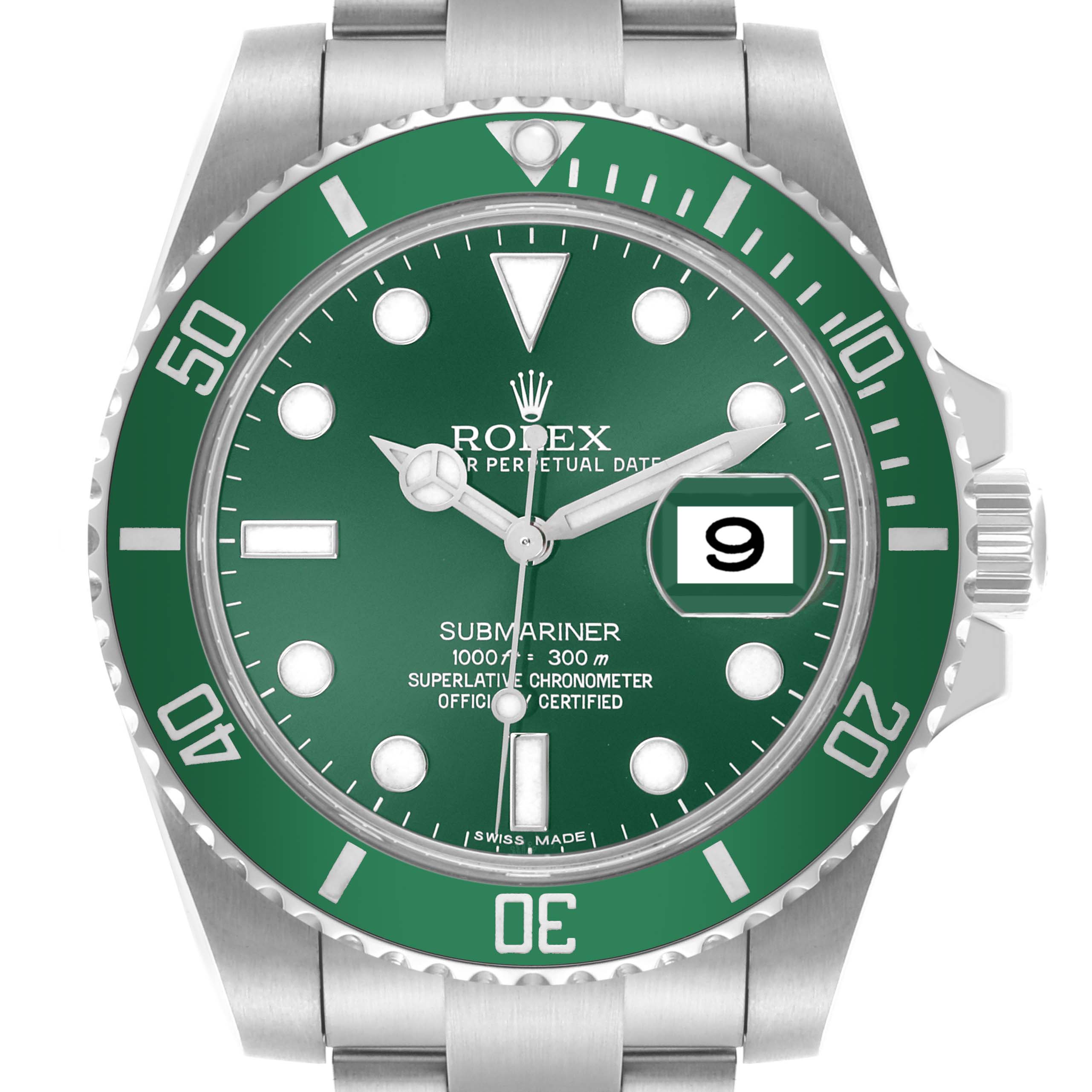 The image shows a front view of a Rolex Submariner 116610LV Men's Stainless Steel Green Dial 116610LV Men's Stainless Steel Green Dial watch, highlighting its green bezel, dial, hands, date, and indices.