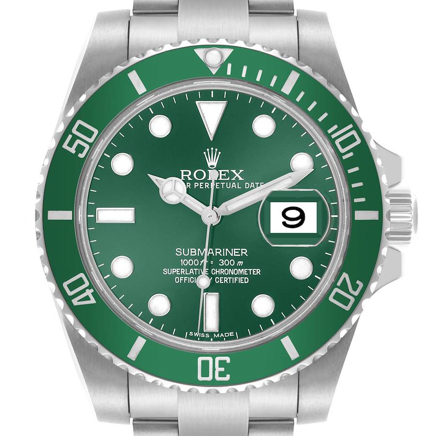 The image shows a front view of a Rolex Submariner watch, highlighting its green bezel, dial, hands, date, and indices.