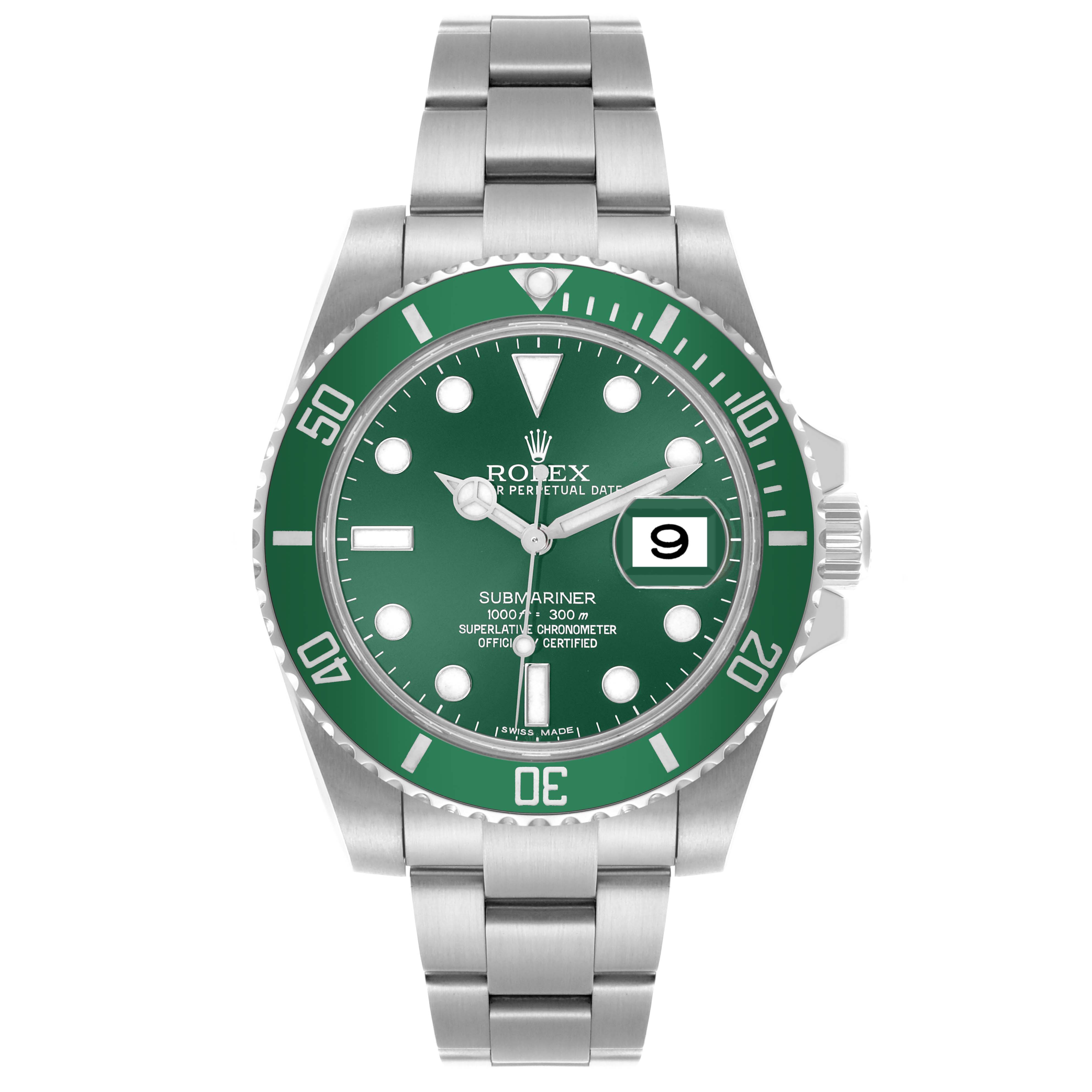 The Rolex Submariner 116610LV Men's Stainless Steel Green Dial 116610LV Men's Stainless Steel Green Dial watch is shown from the front, displaying its green dial, bezel, and stainless steel bracelet.
