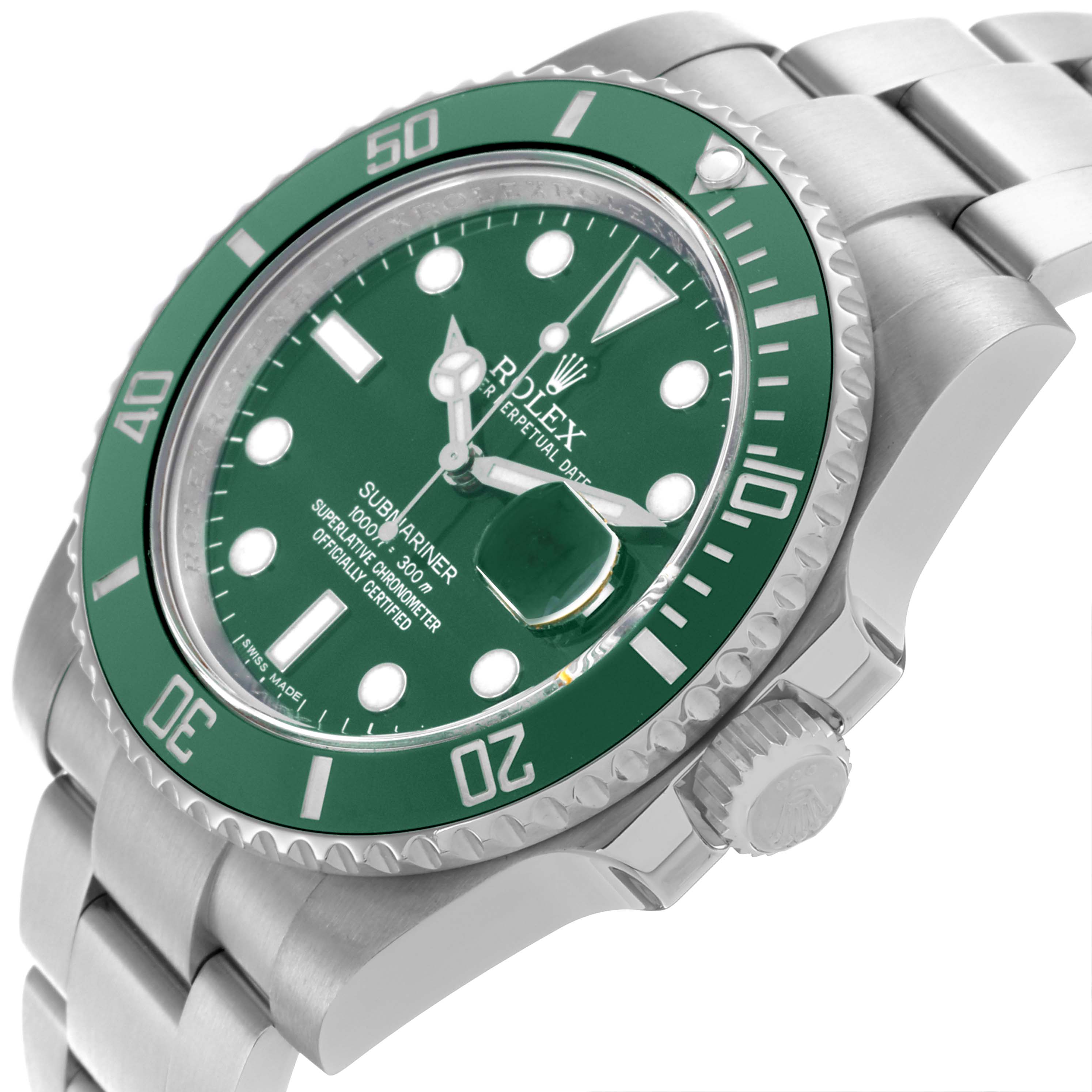 The Rolex Submariner 116610LV Men's Stainless Steel Green Dial 116610LV Men's Stainless Steel Green Dial is shown at an angled view, displaying the green dial, bezel, crown, and part of the bracelet.