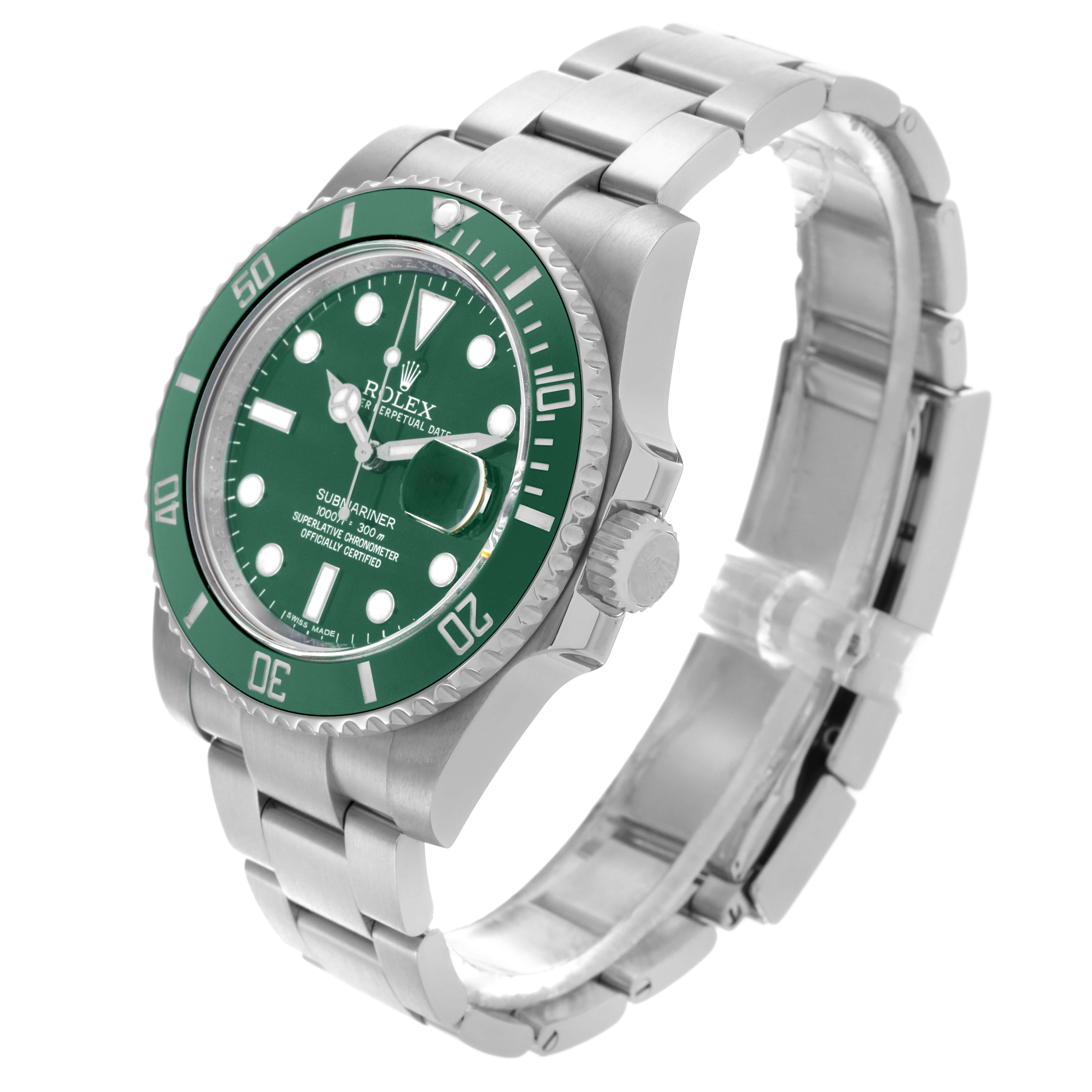 The Rolex Submariner 116610LV Men's Stainless Steel Green Dial 116610LV Men's Stainless Steel Green Dial is shown at a three-quarter angle, highlighting the green bezel and dial, and the stainless steel bracelet.