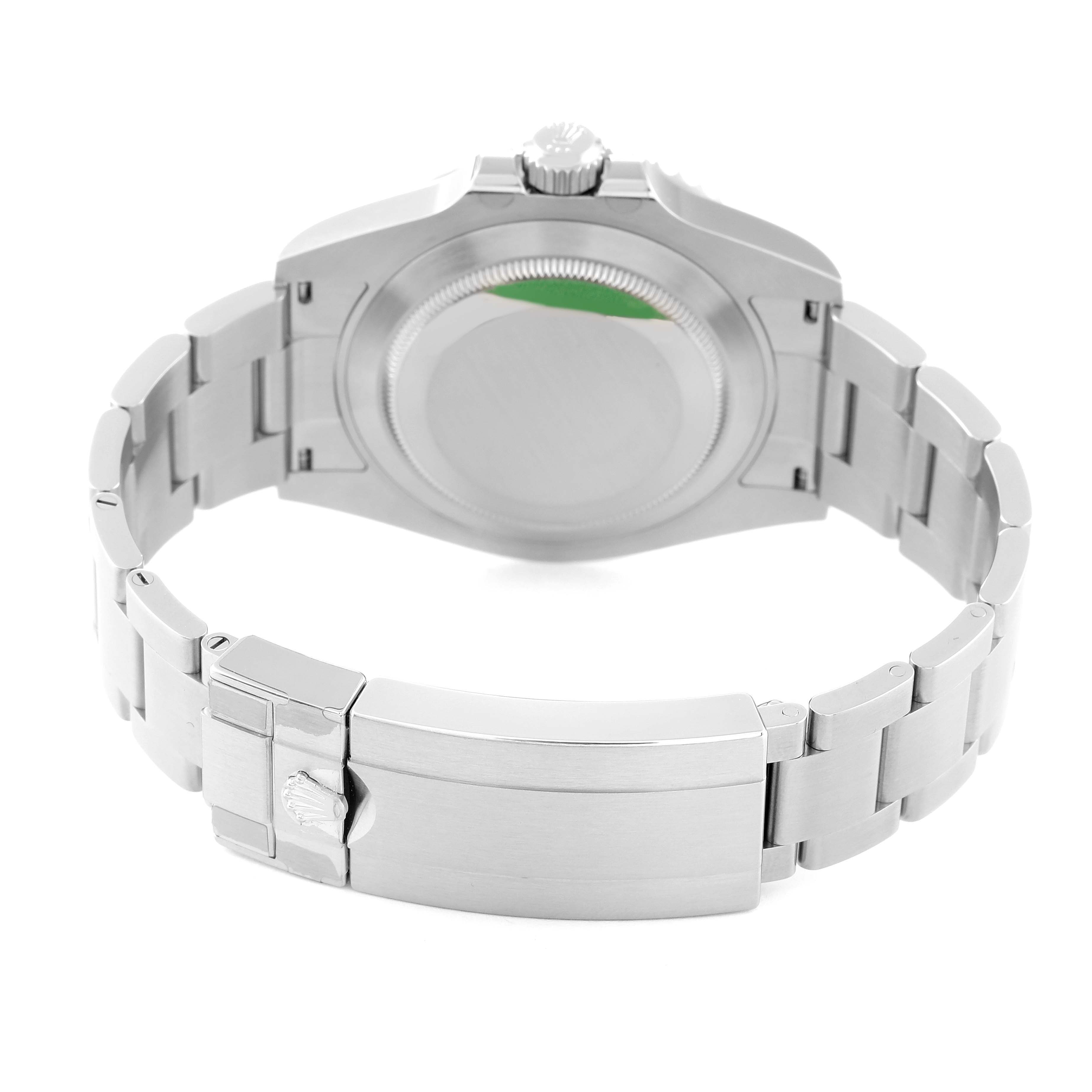 The image shows the back view of a Rolex Submariner 124060 Men
s Stainless Steel Black Dial 124060 Men
s Stainless Steel Black Dial with a focus on the case back, bracelet, and clasp.