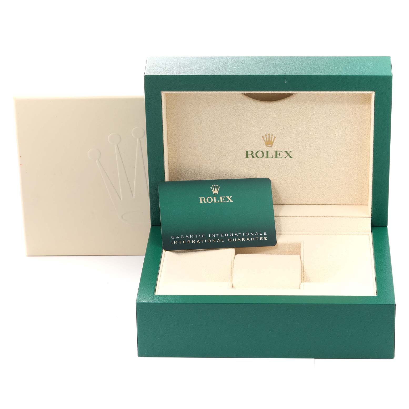 The image shows an open Rolex Submariner 124060 Men
s Stainless Steel Black Dial 124060 Men
s Stainless Steel Black Dial watch box with an international guarantee card inside.