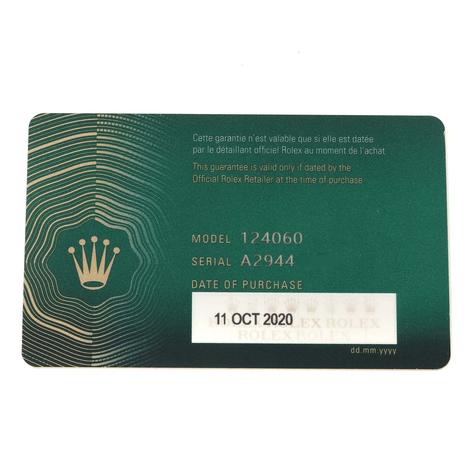 This image shows a warranty card for the Rolex Submariner 124060 Men
s Stainless Steel Black Dial 124060 Men
s Stainless Steel Black Dial model 124060, including the serial number and the date of purchase.