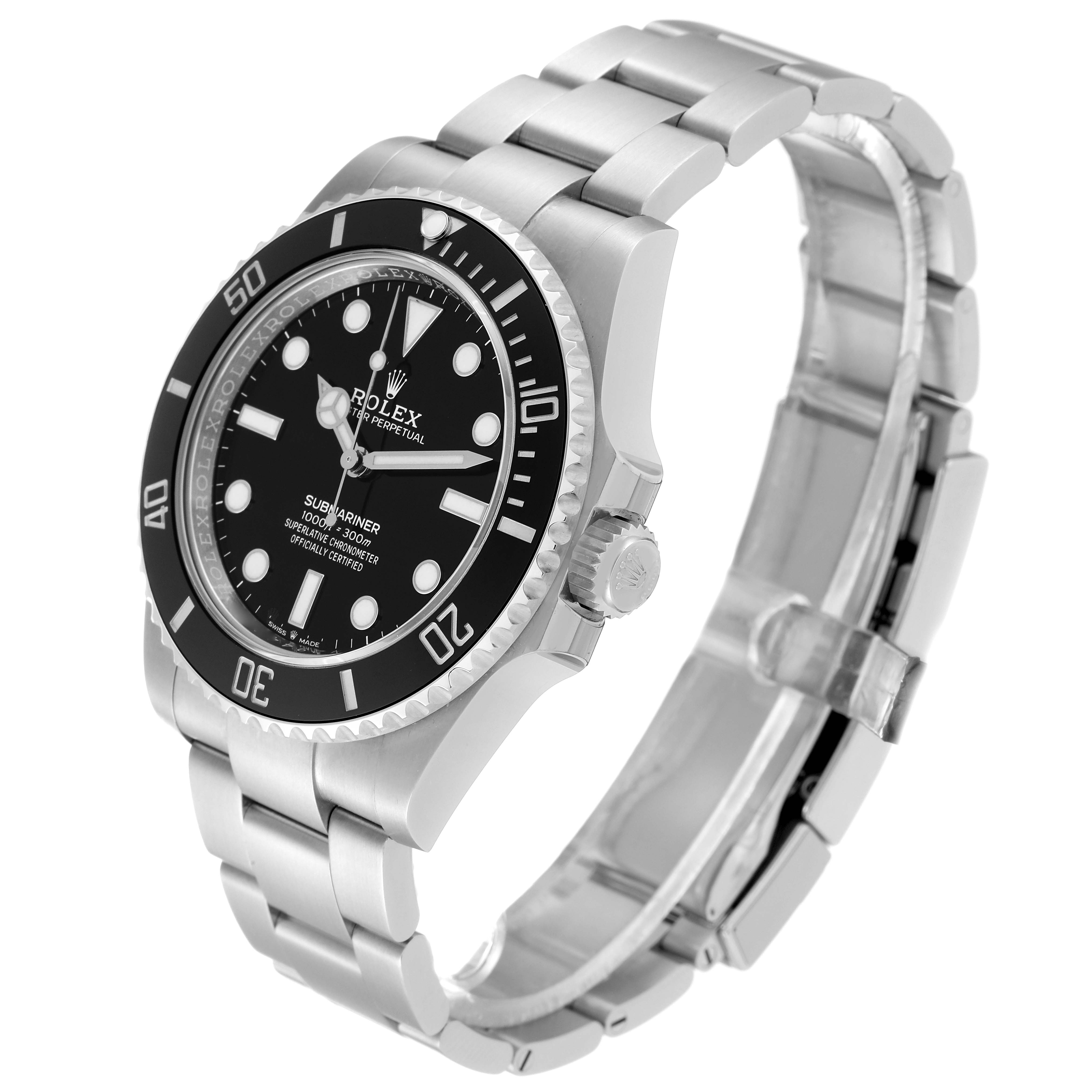 This image shows a Rolex Submariner 124060 Men
s Stainless Steel Black Dial 124060 Men
s Stainless Steel Black Dial watch at a three-quarter angle, highlighting the bracelet, bezel, and dial.
