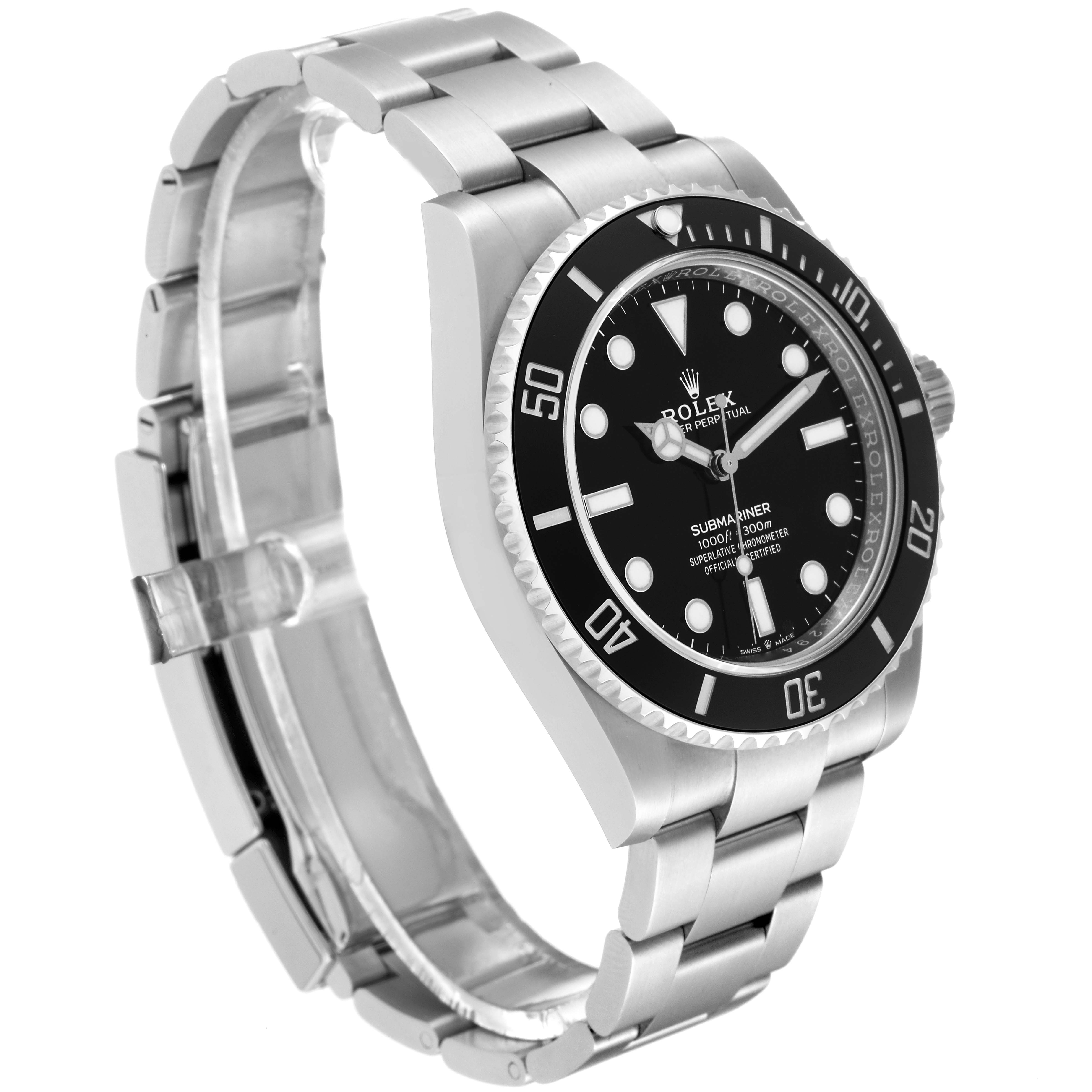 The image shows a Rolex Submariner 124060 Men
s Stainless Steel Black Dial 124060 Men
s Stainless Steel Black Dial watch at a three-quarter angle, highlighting the dial, bezel, and bracelet.