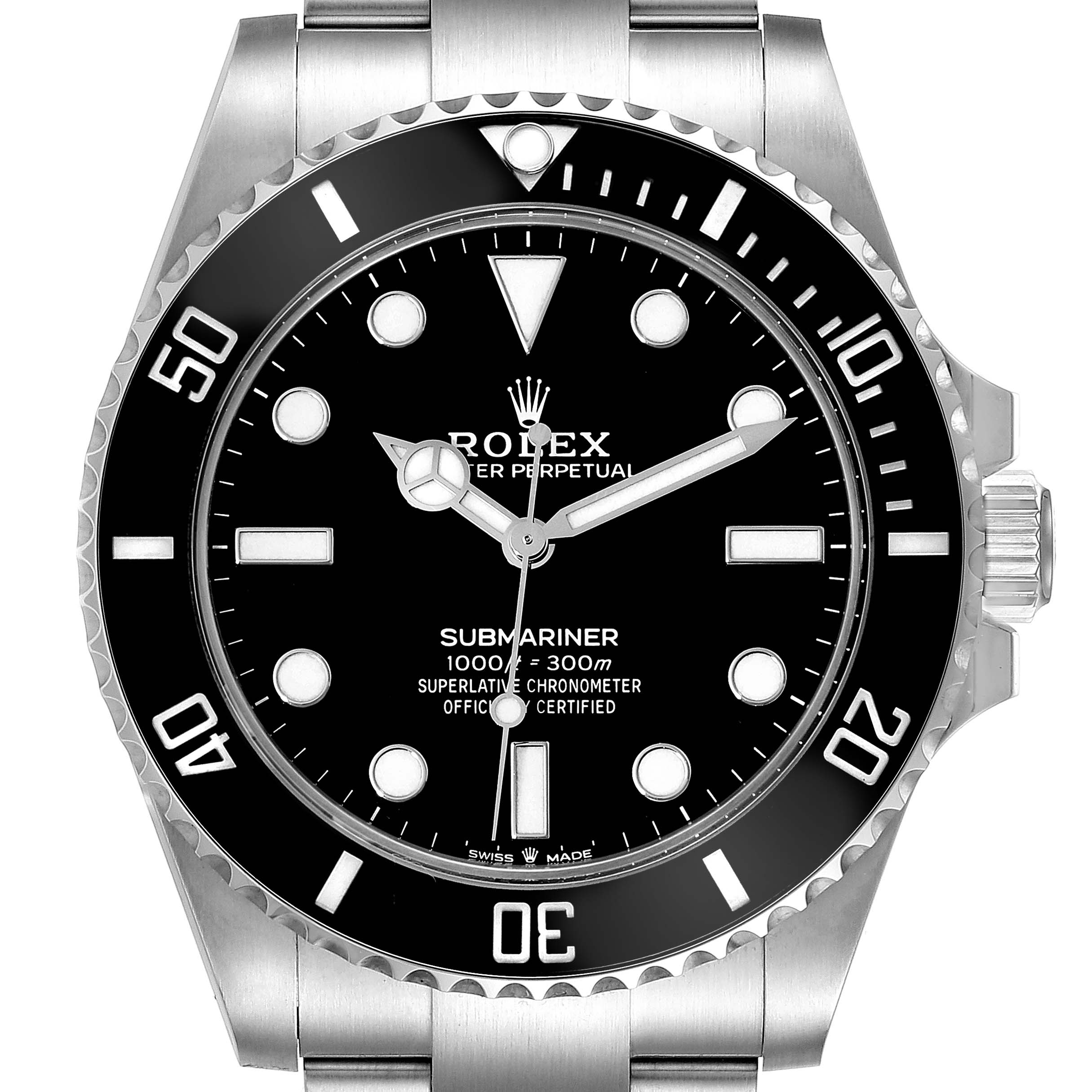 The image shows a front view of the Rolex Submariner 124060 Men
s Stainless Steel Black Dial 124060 Men
s Stainless Steel Black Dial watch, highlighting its bezel, dial, and crown.