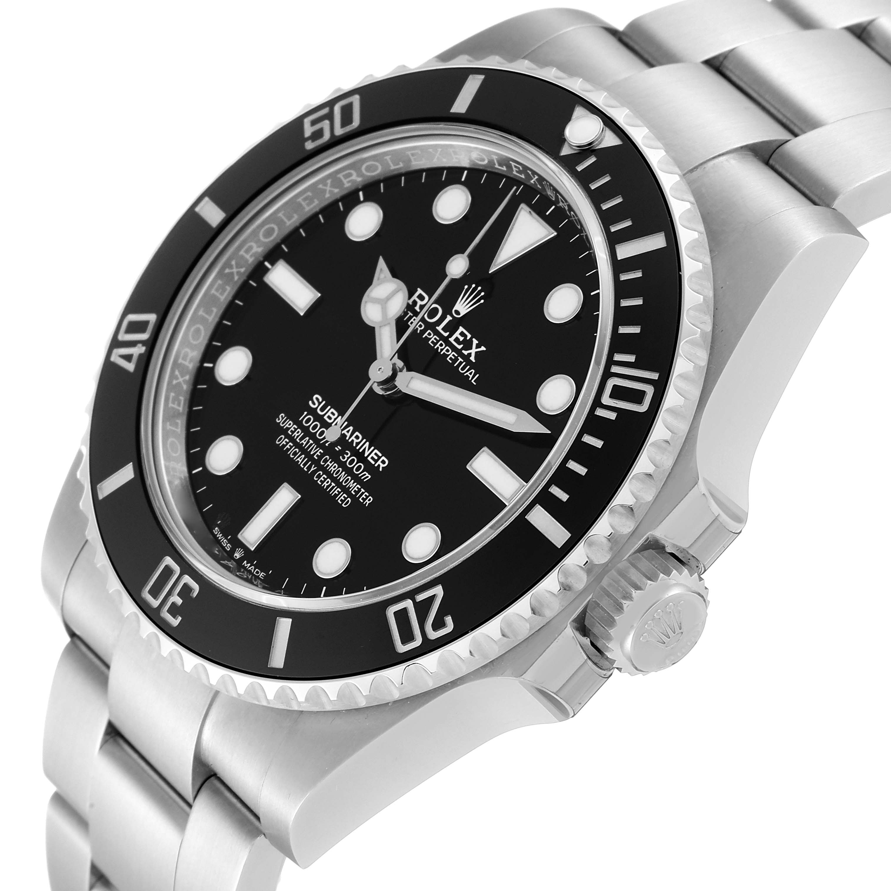 The image shows a side angle view of the Rolex Submariner 124060 Men
s Stainless Steel Black Dial 124060 Men
s Stainless Steel Black Dial watch, highlighting the bezel, dial, and crown.