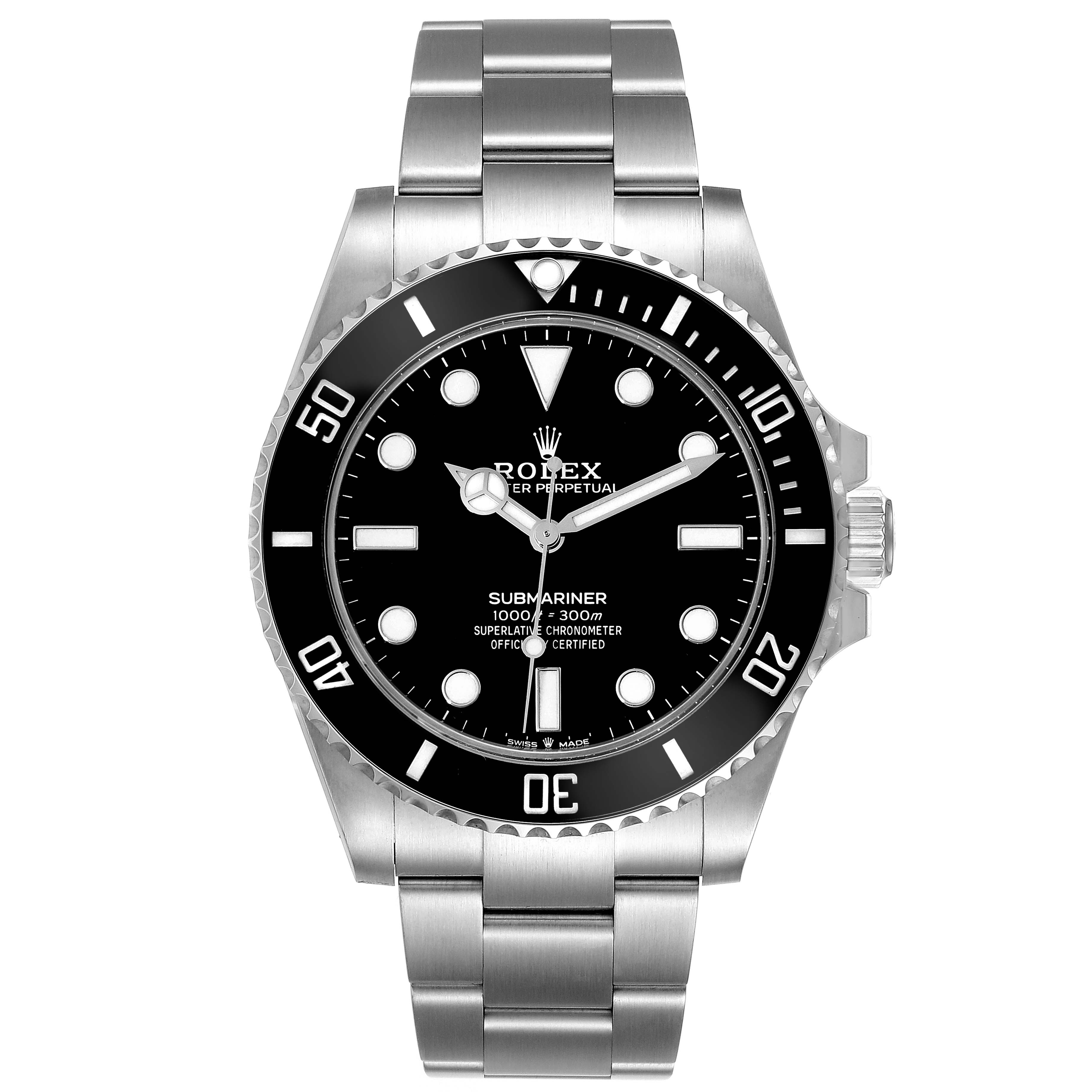 The Rolex Submariner 124060 Men
s Stainless Steel Black Dial 124060 Men
s Stainless Steel Black Dial watch is shown from a top-down angle, highlighting the dial, bezel, and bracelet.