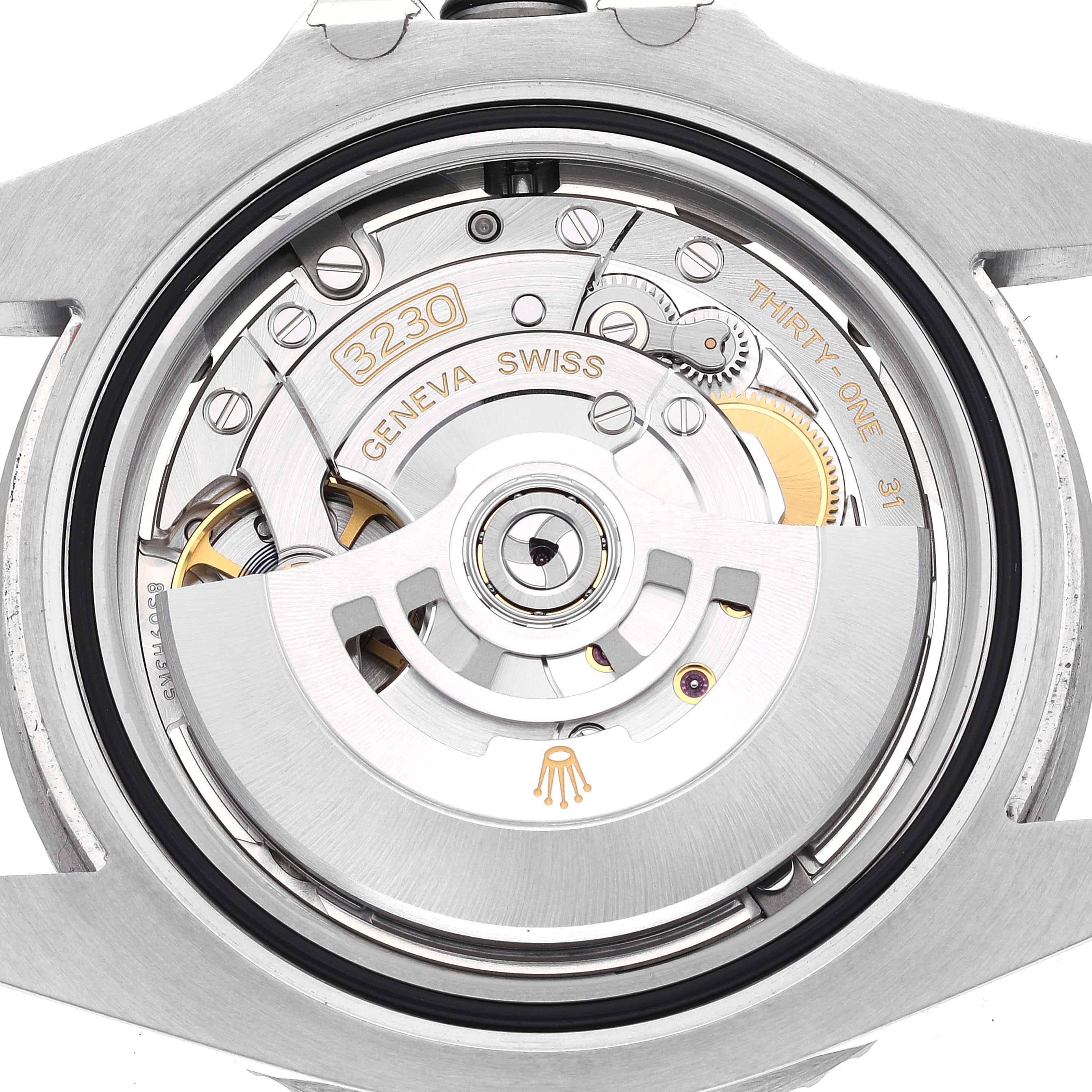 The image shows the movement mechanism and inner workings of a Rolex Submariner 124060 Men
s Stainless Steel Black Dial 124060 Men
s Stainless Steel Black Dial watch from a rear angle.