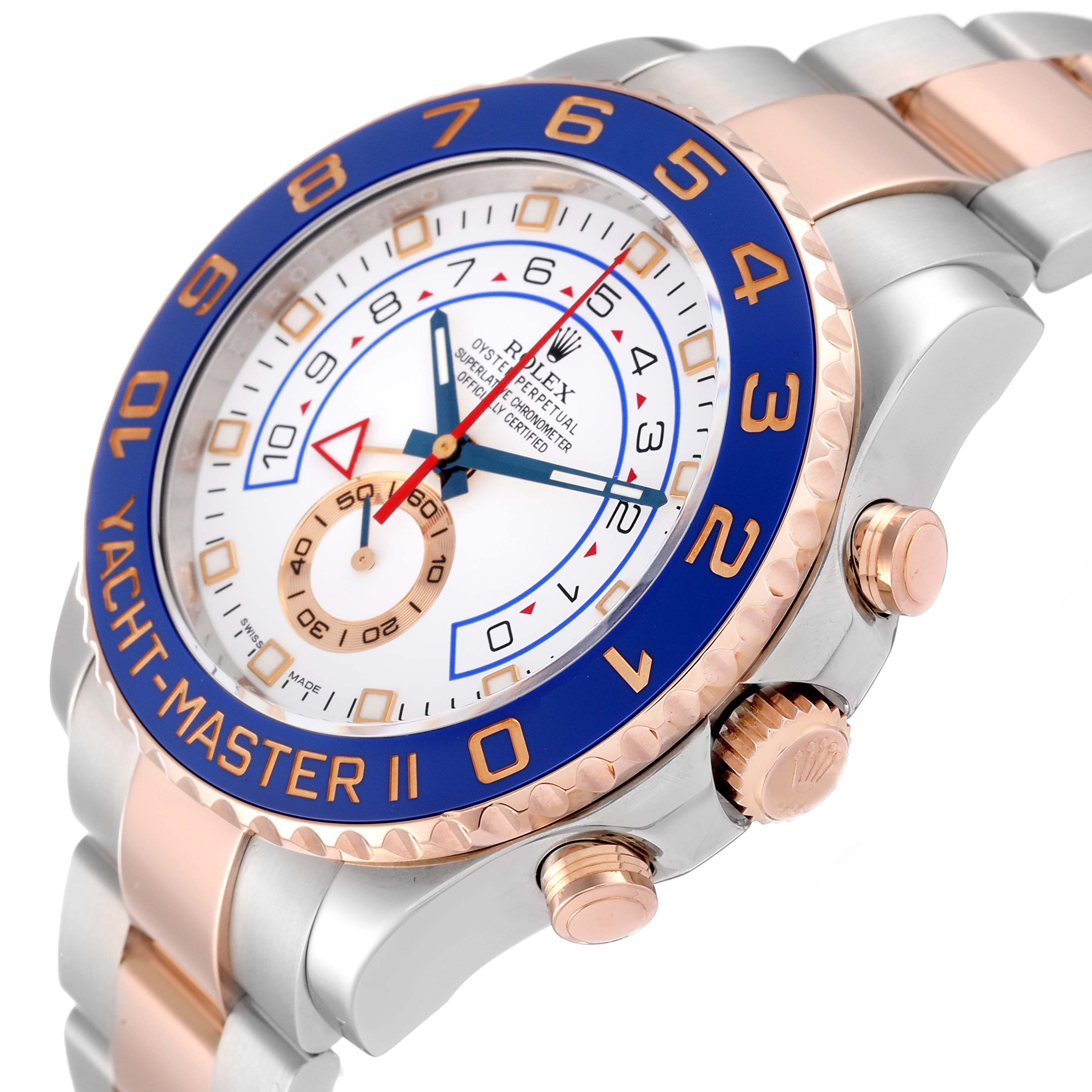 The Rolex Yacht-Master 116681 Men's Steel and Gold (two tone) White Dial 116681 Men's Steel and Gold (two tone) White Dial II watch is shown at an angle that highlights the face, bezel, crown, and part of the bracelet.
