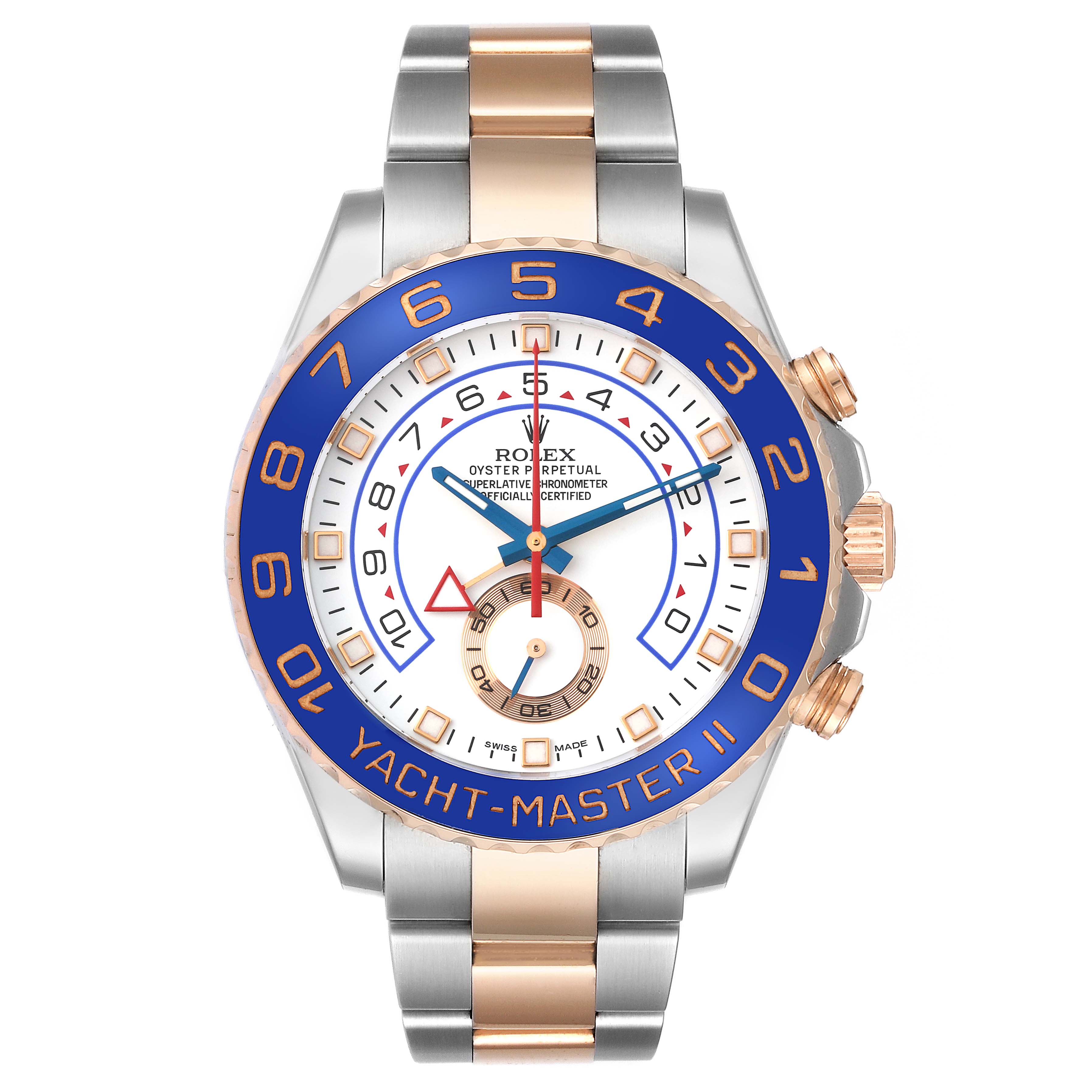 This image shows a frontal view of a Rolex Yacht-Master 116681 Men's Steel and Gold (two tone) White Dial 116681 Men's Steel and Gold (two tone) White Dial II watch, highlighting the bezel, dial, and bracelet.