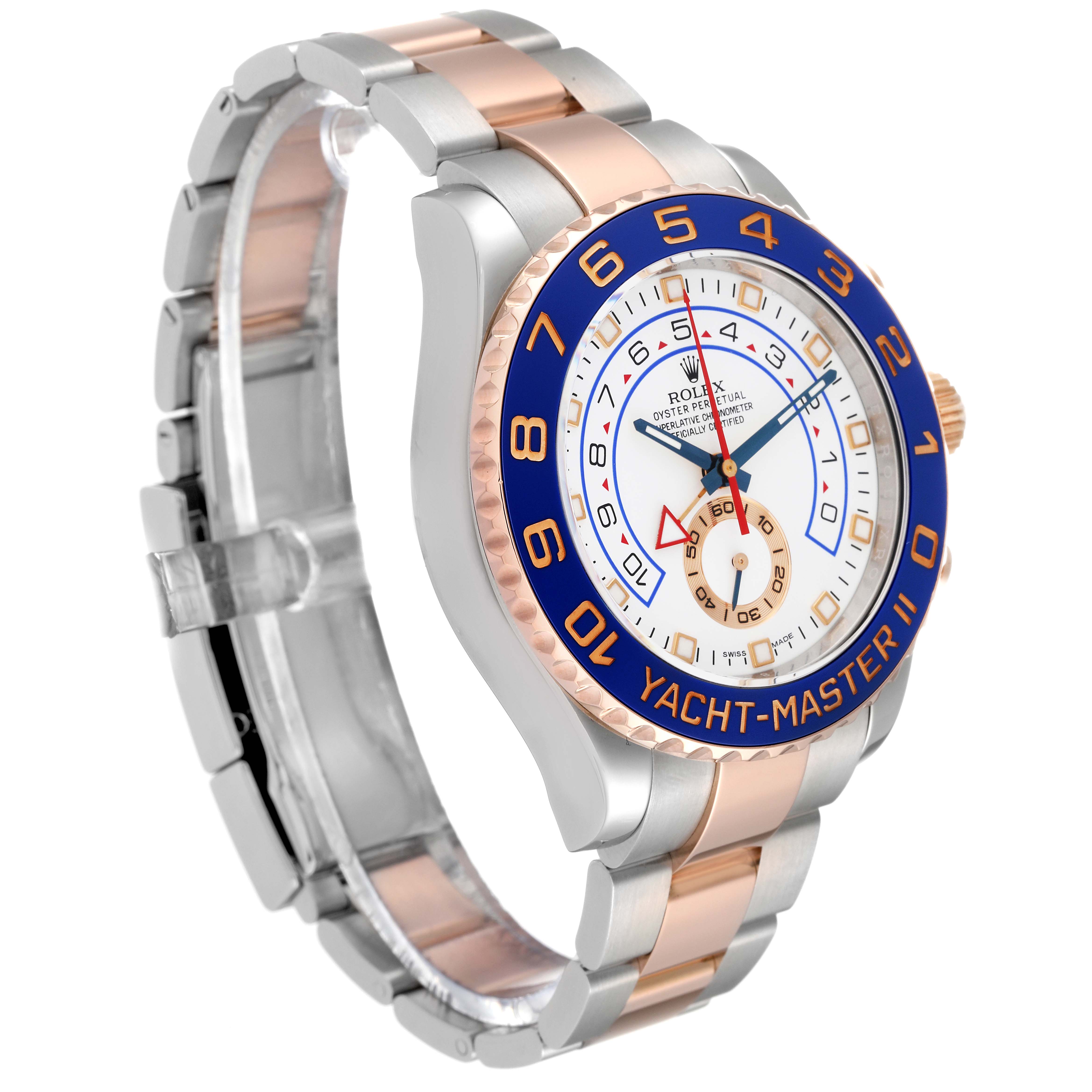 The Rolex Yacht-Master 116681 Men's Steel and Gold (two tone) White Dial 116681 Men's Steel and Gold (two tone) White Dial watch is shown at a slight angle, displaying the face, bezel, and bracelet with rose gold and stainless steel.