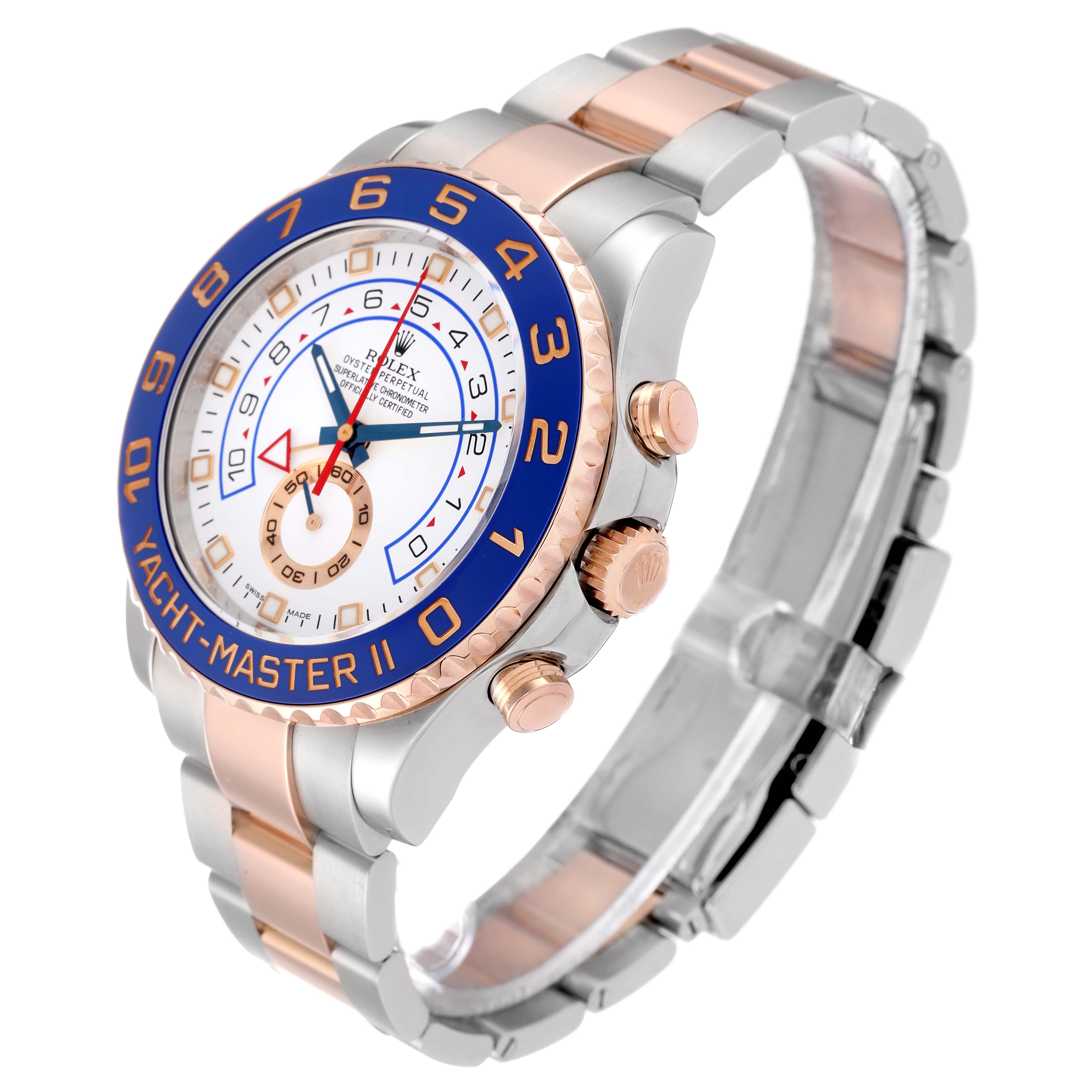 The Rolex Yacht-Master 116681 Men's Steel and Gold (two tone) White Dial 116681 Men's Steel and Gold (two tone) White Dial watch is shown at a three-quarter angle, displaying the face, bezel, crown, and part of the bracelet.