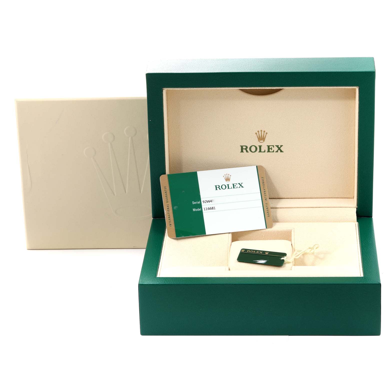 The image shows the Rolex Yacht-Master 116681 Men's Steel and Gold (two tone) White Dial 116681 Men's Steel and Gold (two tone) White Dial watch box, an authenticity card, and a tag from an angled top-front view.