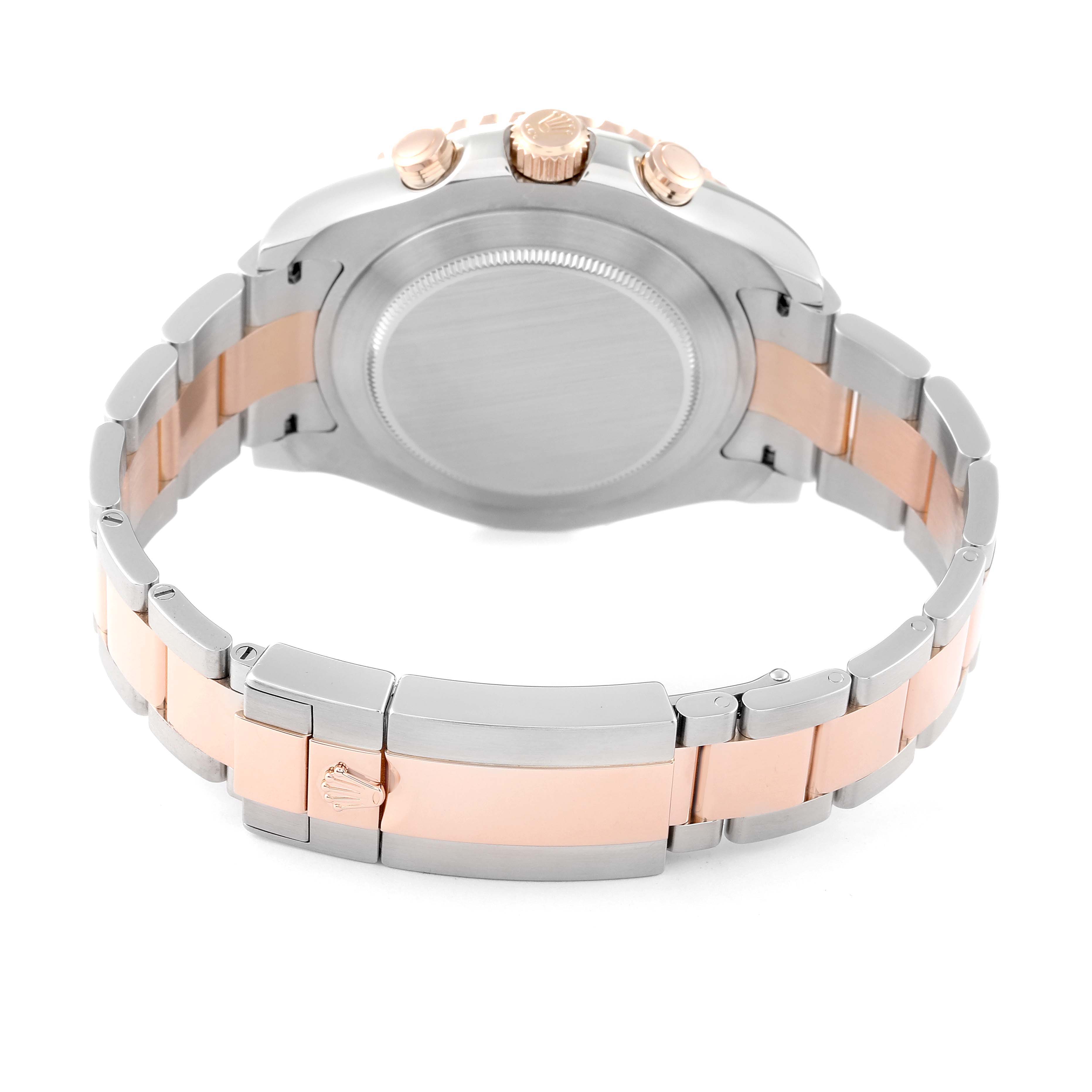 The image shows the back of a Rolex Yacht-Master 116681 Men's Steel and Gold (two tone) White Dial 116681 Men's Steel and Gold (two tone) White Dial watch, featuring its case back, bracelet, and clasp in a mix of silver and rose gold.