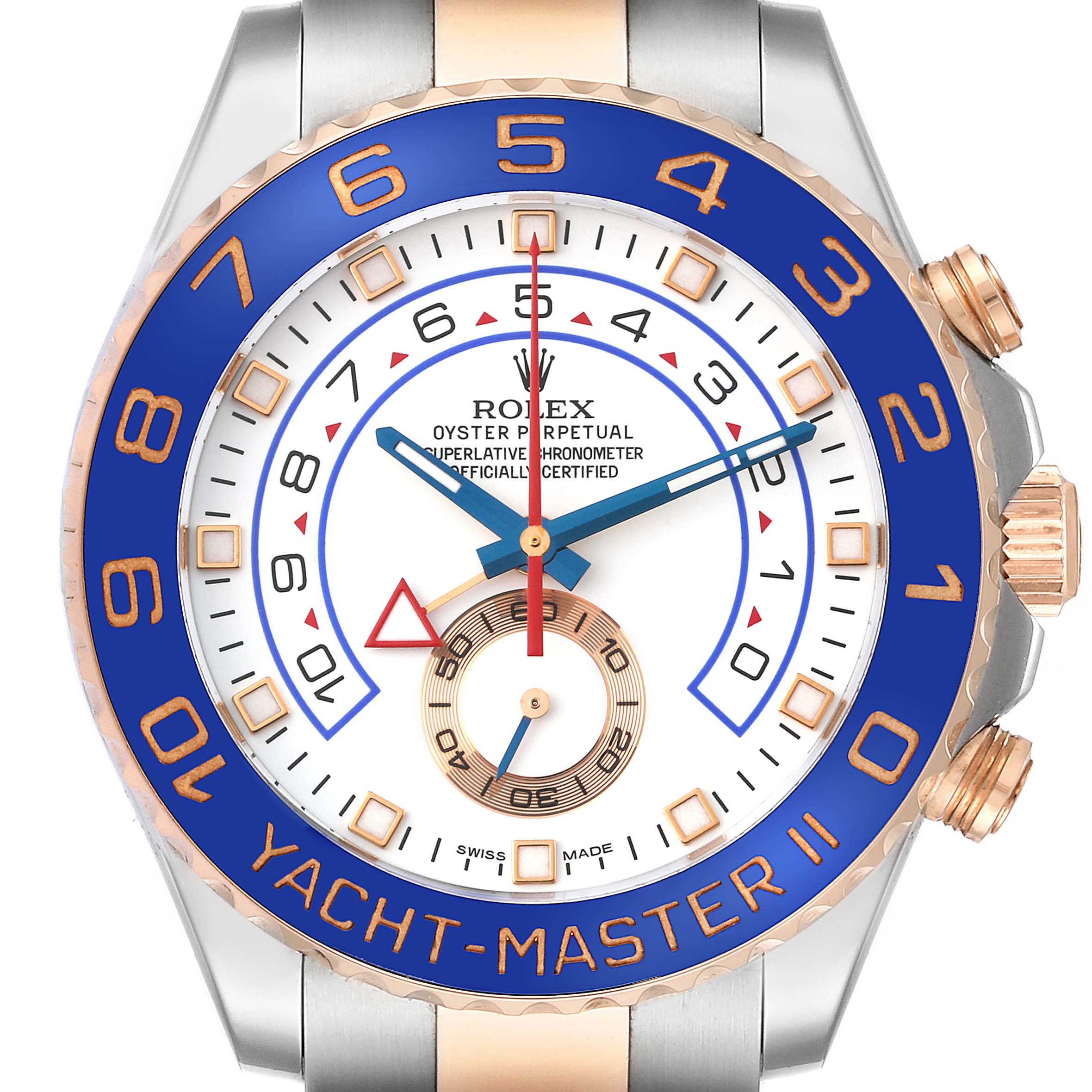 The image shows a Rolex Yacht-Master 116681 Men's Steel and Gold (two tone) White Dial 116681 Men's Steel and Gold (two tone) White Dial II watch, highlighting its dial, bezel, and crown.