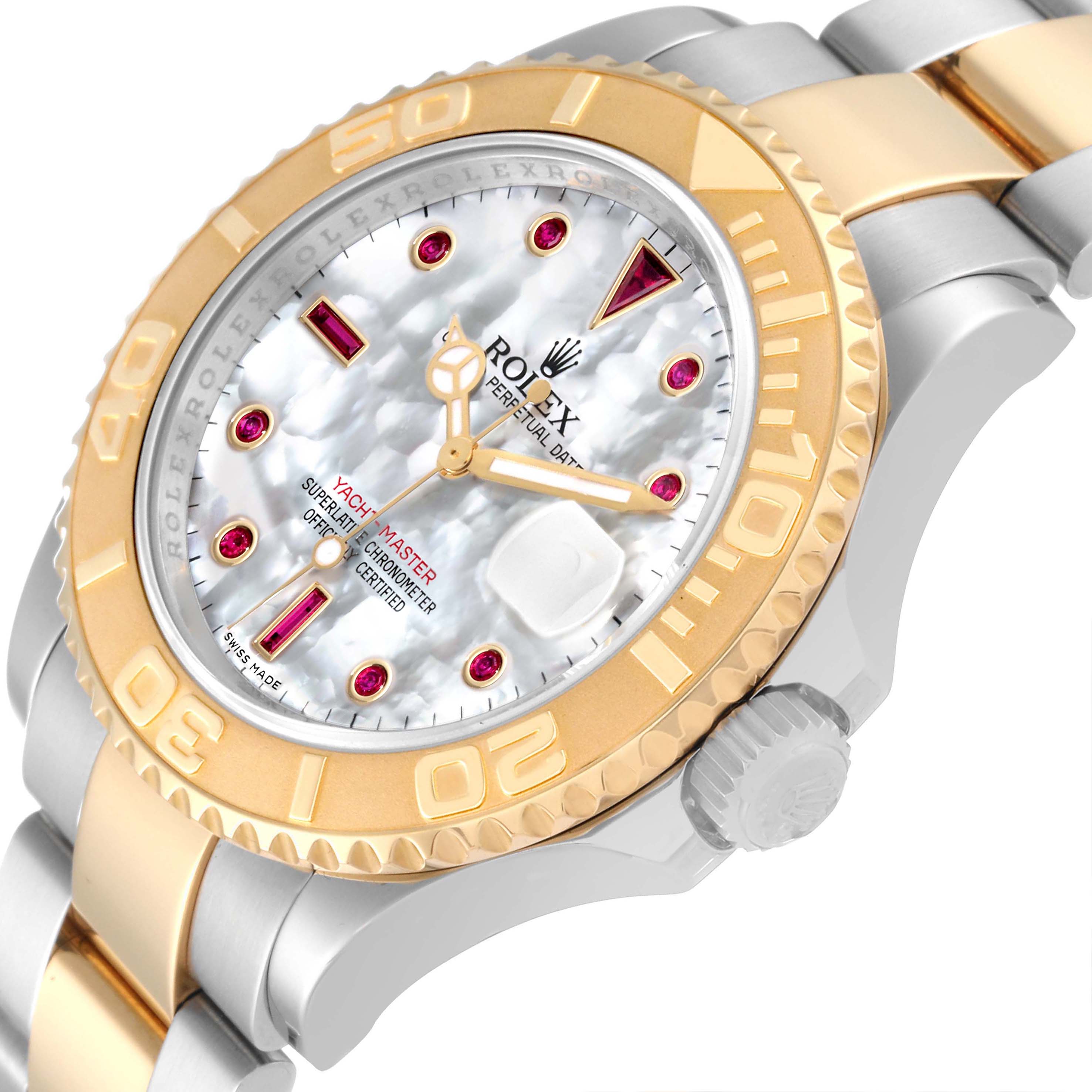This image shows a close-up angled view of a Rolex Yacht-Master 16623 Men's Steel and Gold (two tone) Mother of Pearl Dial 16623 Men's Steel and Gold (two tone) Mother of Pearl Dial watch, highlighting its dial, bezel, and part of its bracelet.