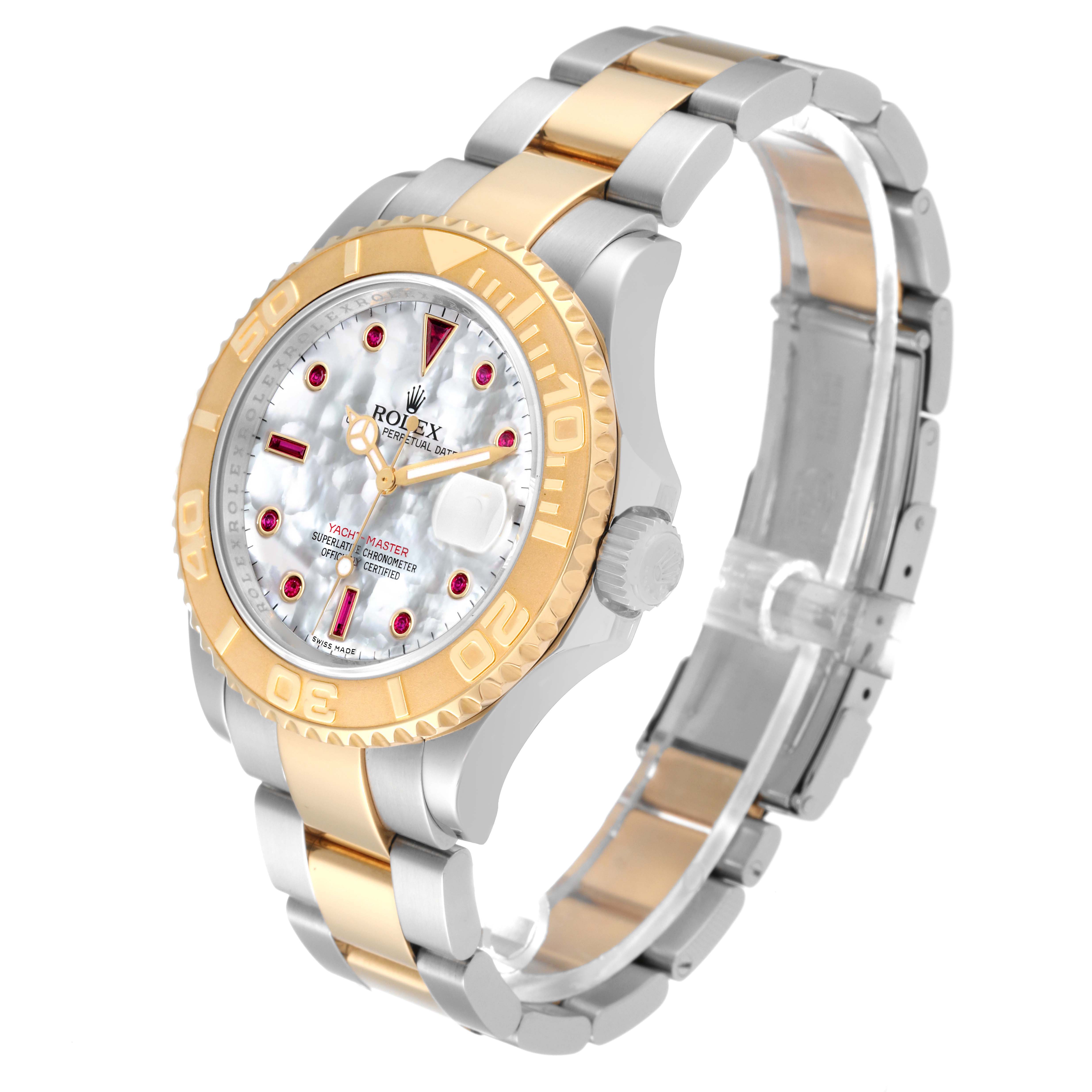 The image shows a Rolex Yacht-Master 16623 Men's Steel and Gold (two tone) Mother of Pearl Dial 16623 Men's Steel and Gold (two tone) Mother of Pearl Dial watch angled to display the face, bezel, crown, and part of the two-tone bracelet.