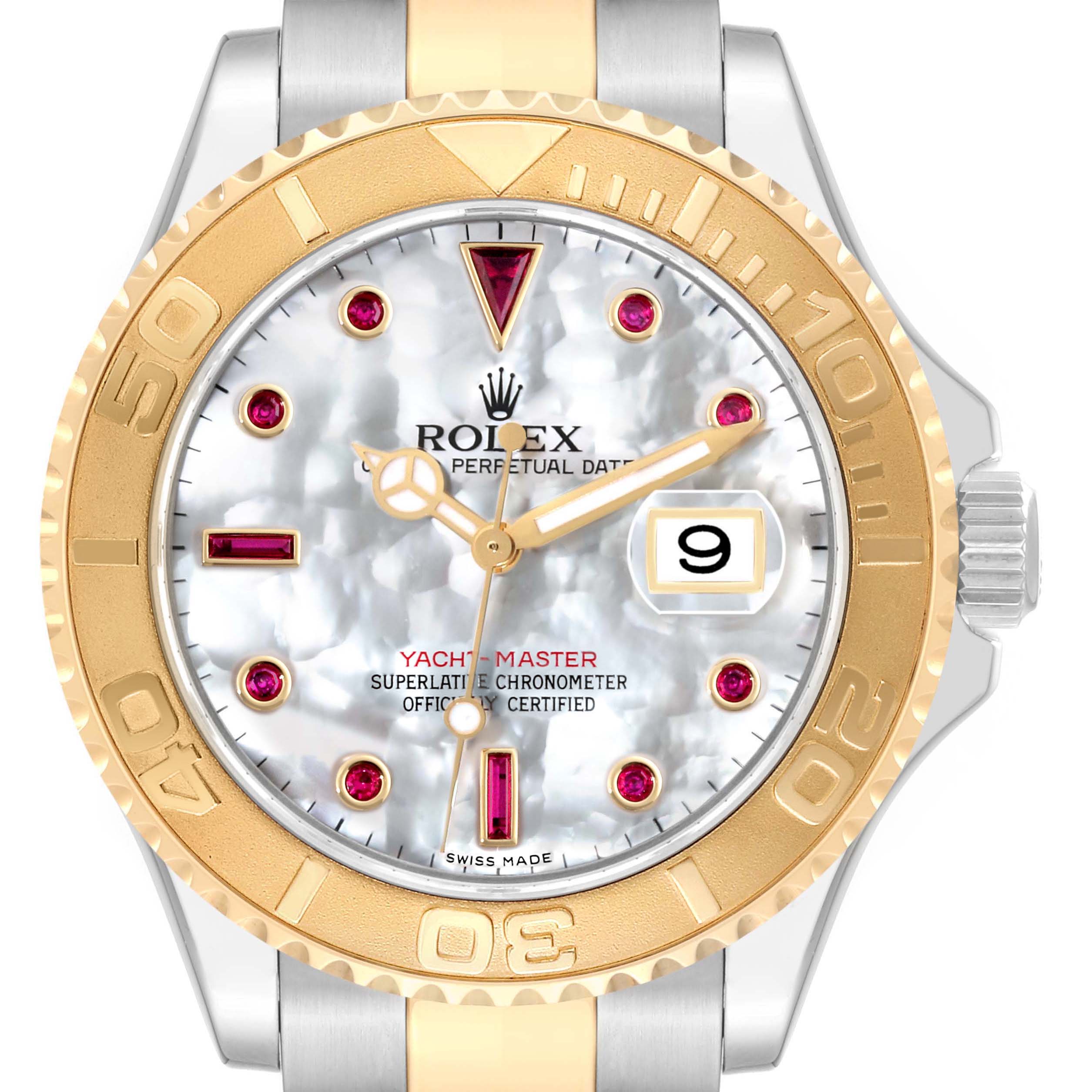 The image shows the front view of a Rolex Yacht-Master 16623 Men's Steel and Gold (two tone) Mother of Pearl Dial 16623 Men's Steel and Gold (two tone) Mother of Pearl Dial watch, highlighting its dial, hands, bezel, and date display.