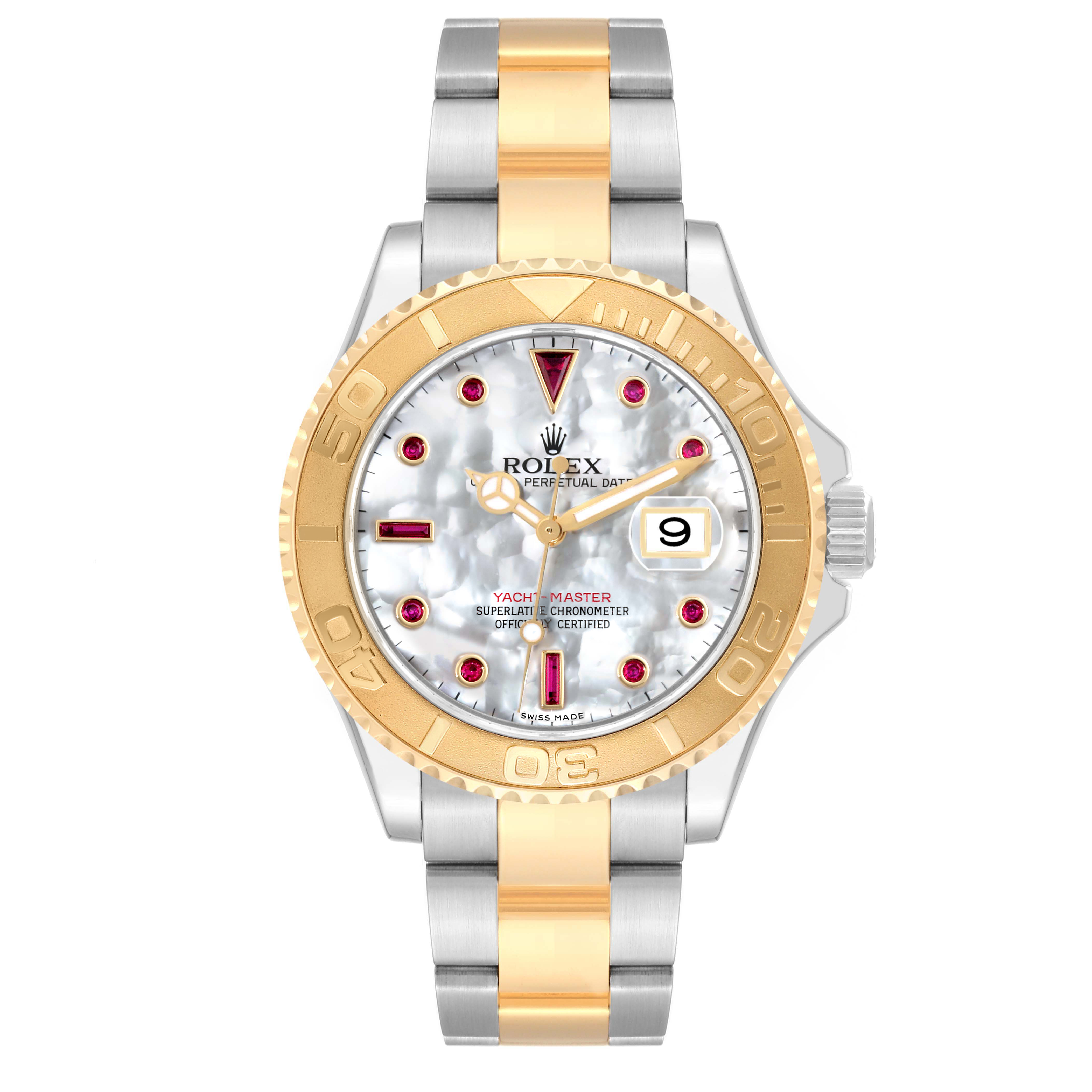 The image shows a front view of a Rolex Yacht-Master 16623 Men's Steel and Gold (two tone) Mother of Pearl Dial 16623 Men's Steel and Gold (two tone) Mother of Pearl Dial watch, highlighting its two-tone bracelet, gold bezel, and date display.