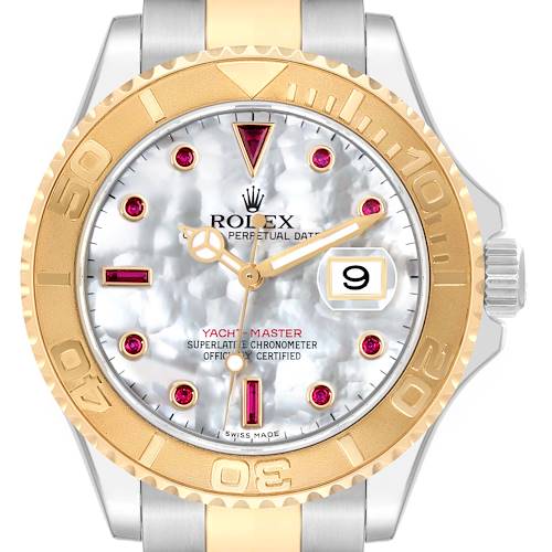 Photo of Rolex Yachtmaster Steel Yellow Gold Mother Of Pearl Ruby Dial Mens Watch 16623 Box Card