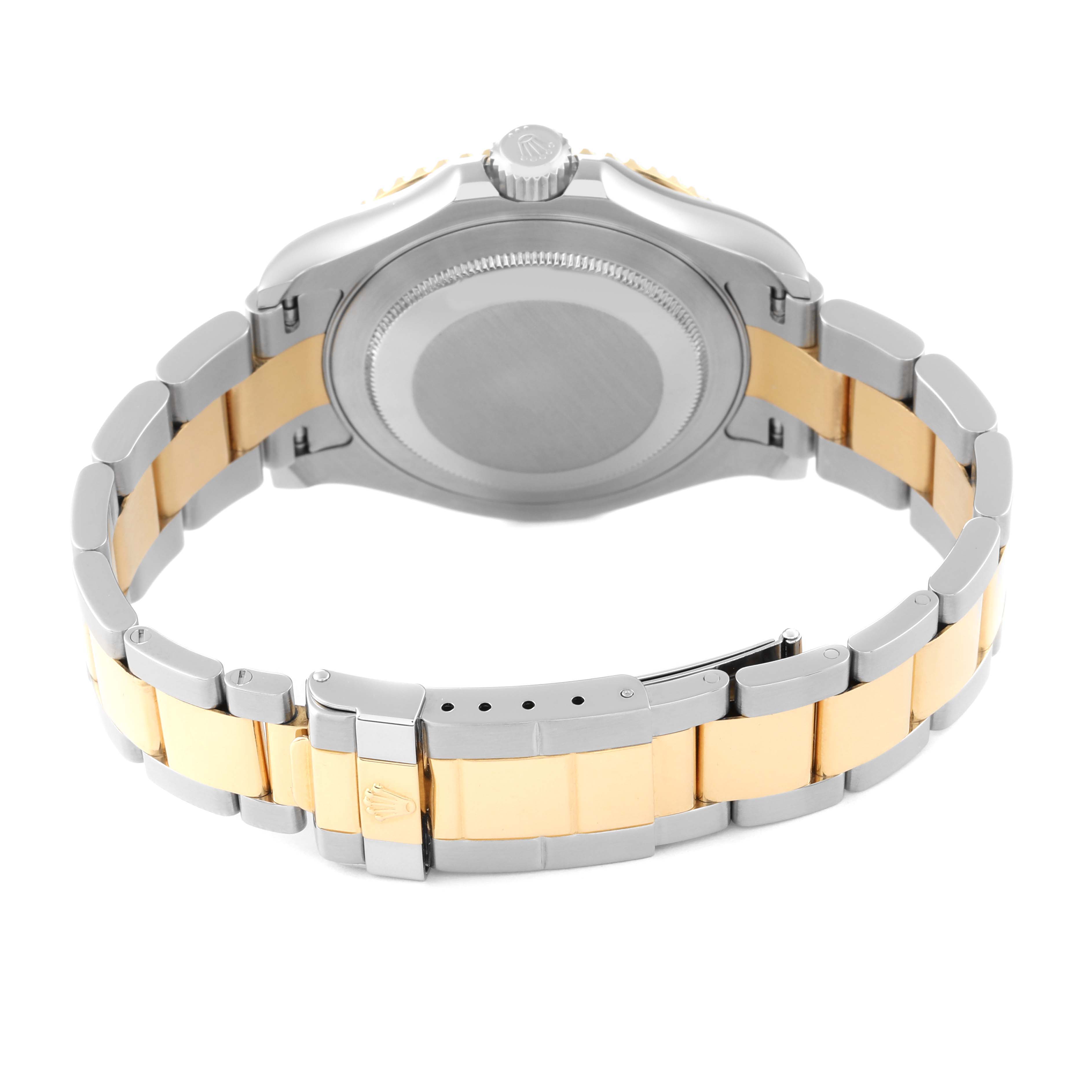 The image shows the back of the Rolex Yacht-Master 16623 Men's Steel and Gold (two tone) Mother of Pearl Dial 16623 Men's Steel and Gold (two tone) Mother of Pearl Dial watch, showcasing its bracelet and clasp.
