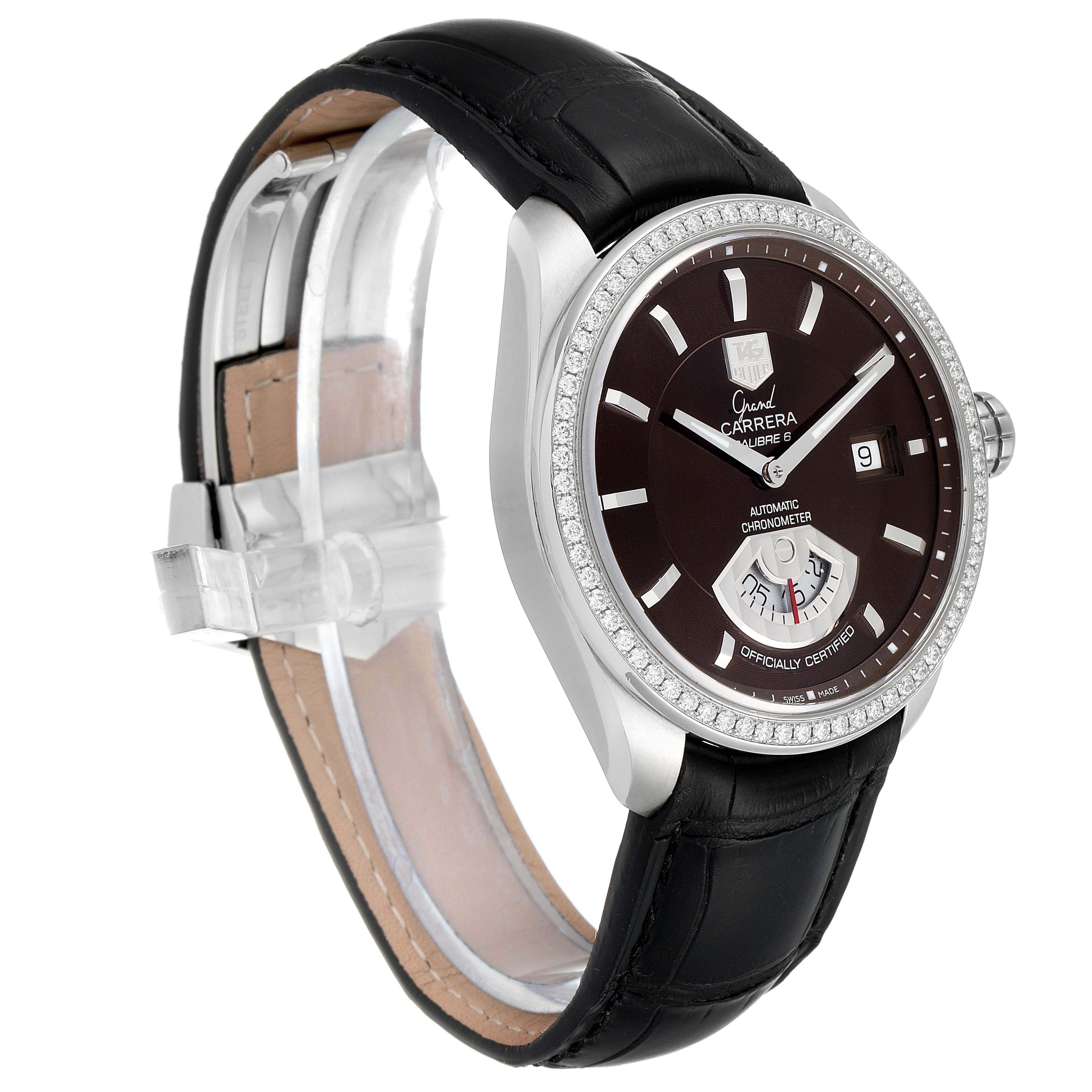 The image shows a side angle of a Tag Heuer Carrera WAV511E.BA0900 Men's Stainless Steel Brown Dial WAV511E.BA0900 Men's Stainless Steel Brown Dial watch, highlighting the face, strap, bezel, and crown.