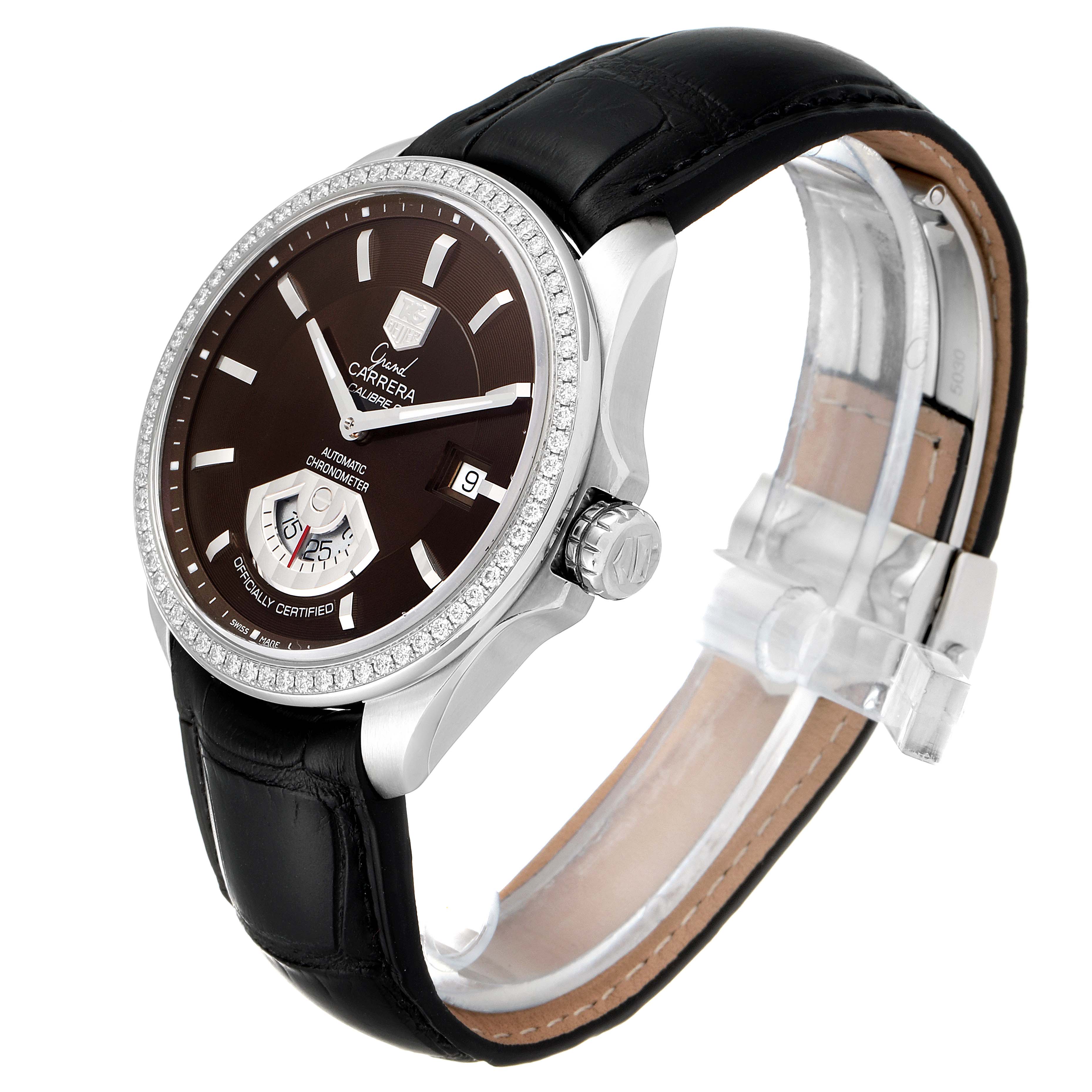 The image shows a Tag Heuer Carrera WAV511E.BA0900 Men's Stainless Steel Brown Dial WAV511E.BA0900 Men's Stainless Steel Brown Dial watch at an oblique angle, highlighting its dial, case, bezel, crown, and black leather strap.