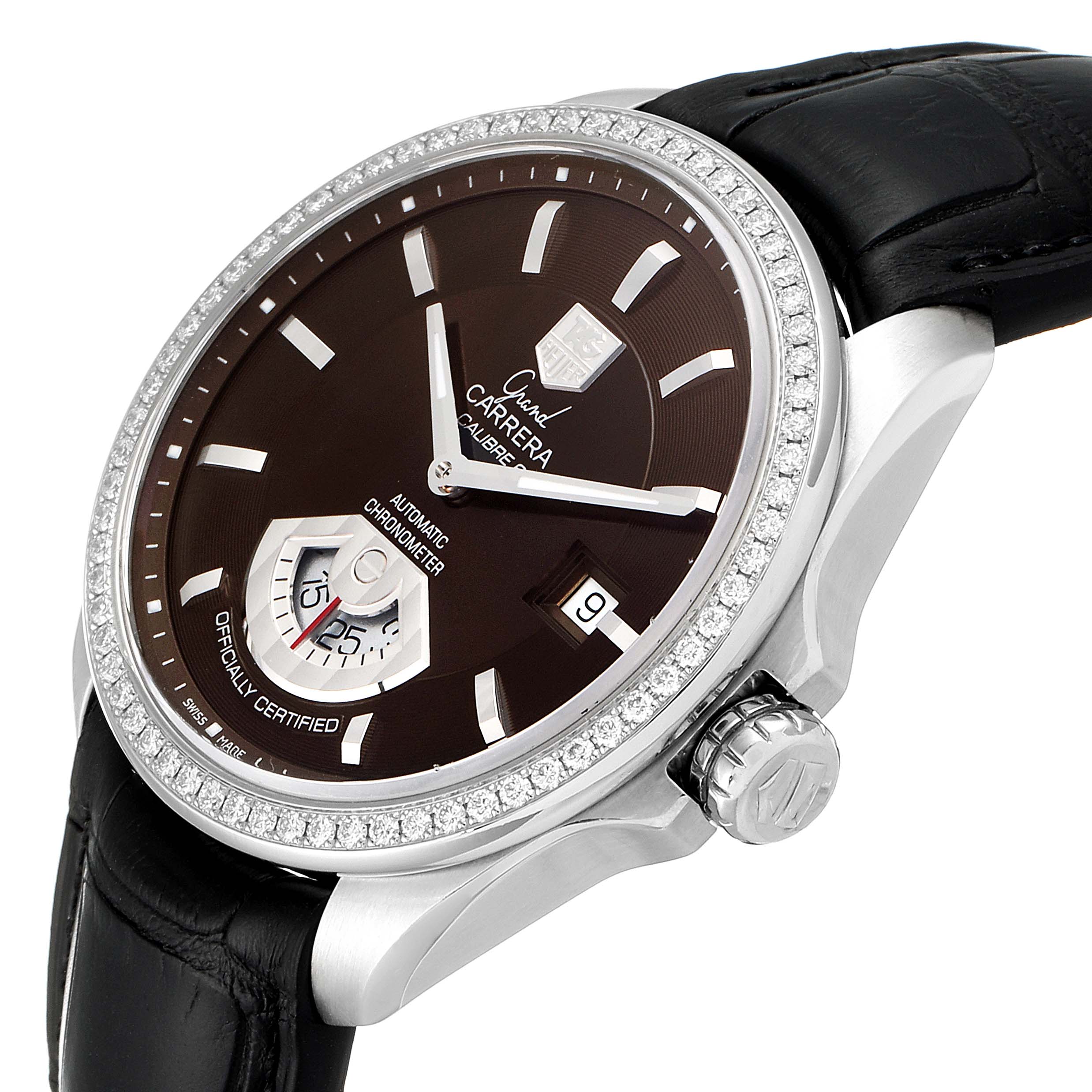 The Tag Heuer Carrera WAV511E.BA0900 Men's Stainless Steel Brown Dial WAV511E.BA0900 Men's Stainless Steel Brown Dial watch is shown at an angle, displaying its face, bezel, crown, and part of the leather strap.