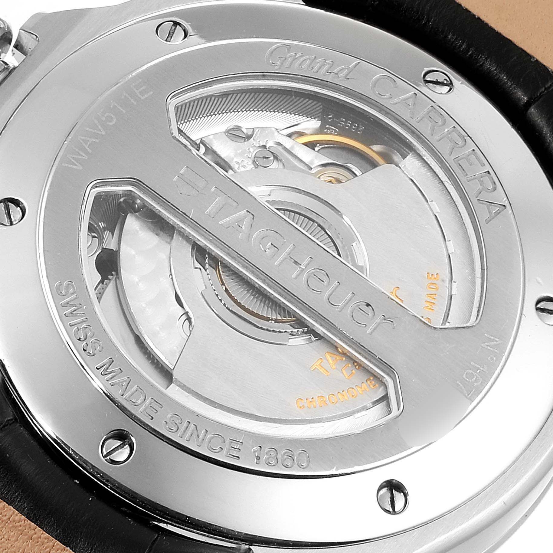 The image shows the back side of the Tag Heuer Carrera WAV511E.BA0900 Men's Stainless Steel Brown Dial WAV511E.BA0900 Men's Stainless Steel Brown Dial watch, highlighting its Swiss-made automatic movement.