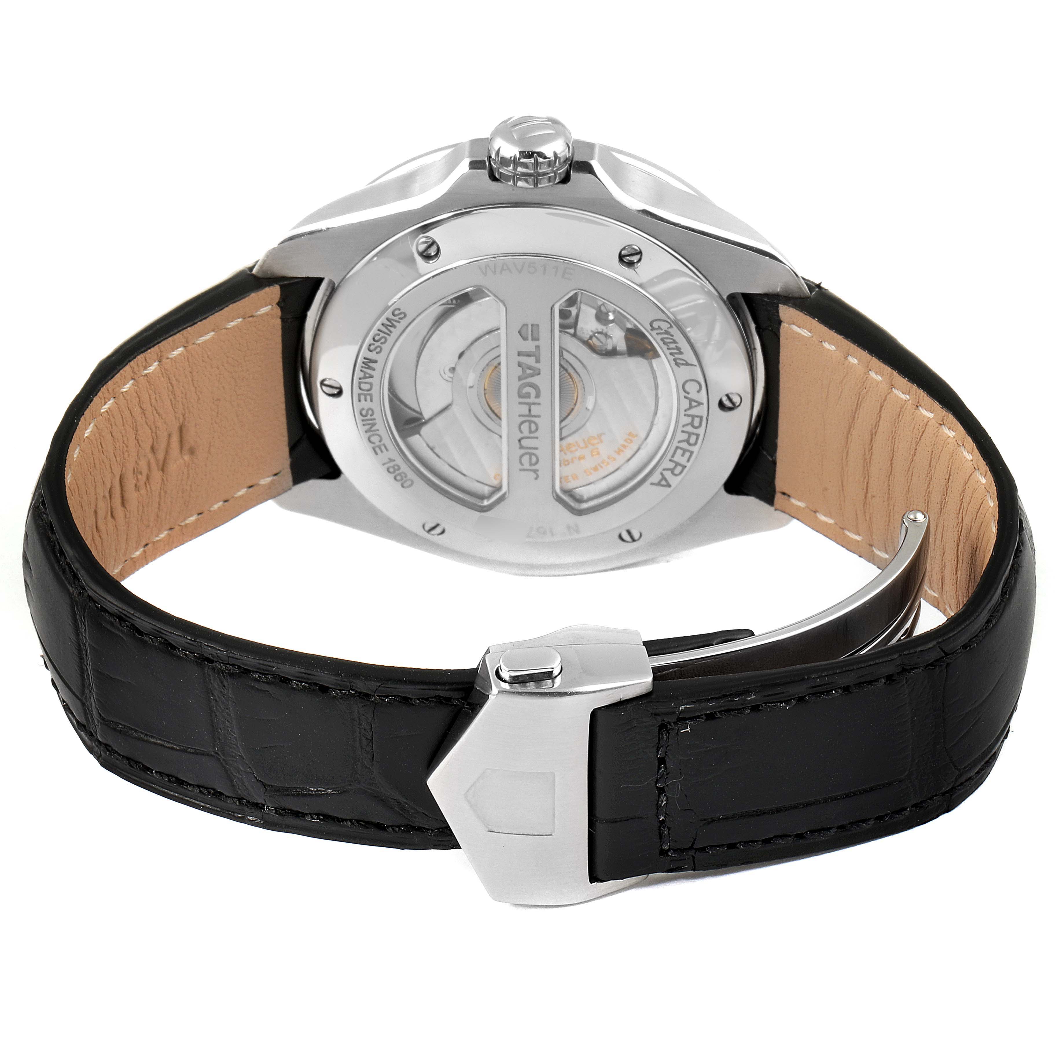 The image shows the back view of a Tag Heuer Carrera WAV511E.BA0900 Men's Stainless Steel Brown Dial WAV511E.BA0900 Men's Stainless Steel Brown Dial watch, highlighting the leather strap, clasp, and transparent case back.