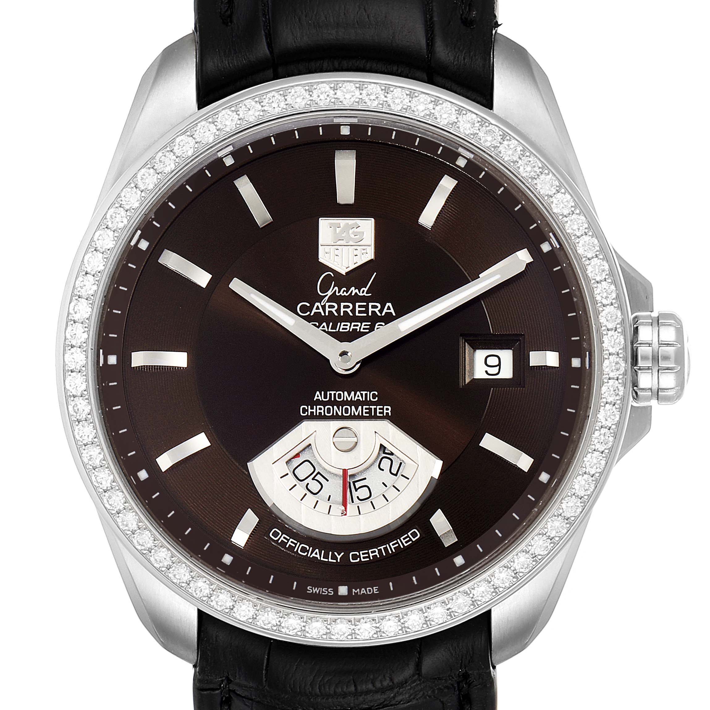The image shows a close-up frontal view of the Tag Heuer Carrera WAV511E.BA0900 Men's Stainless Steel Brown Dial WAV511E.BA0900 Men's Stainless Steel Brown Dial watch, displaying its face, bezel, and part of the strap.