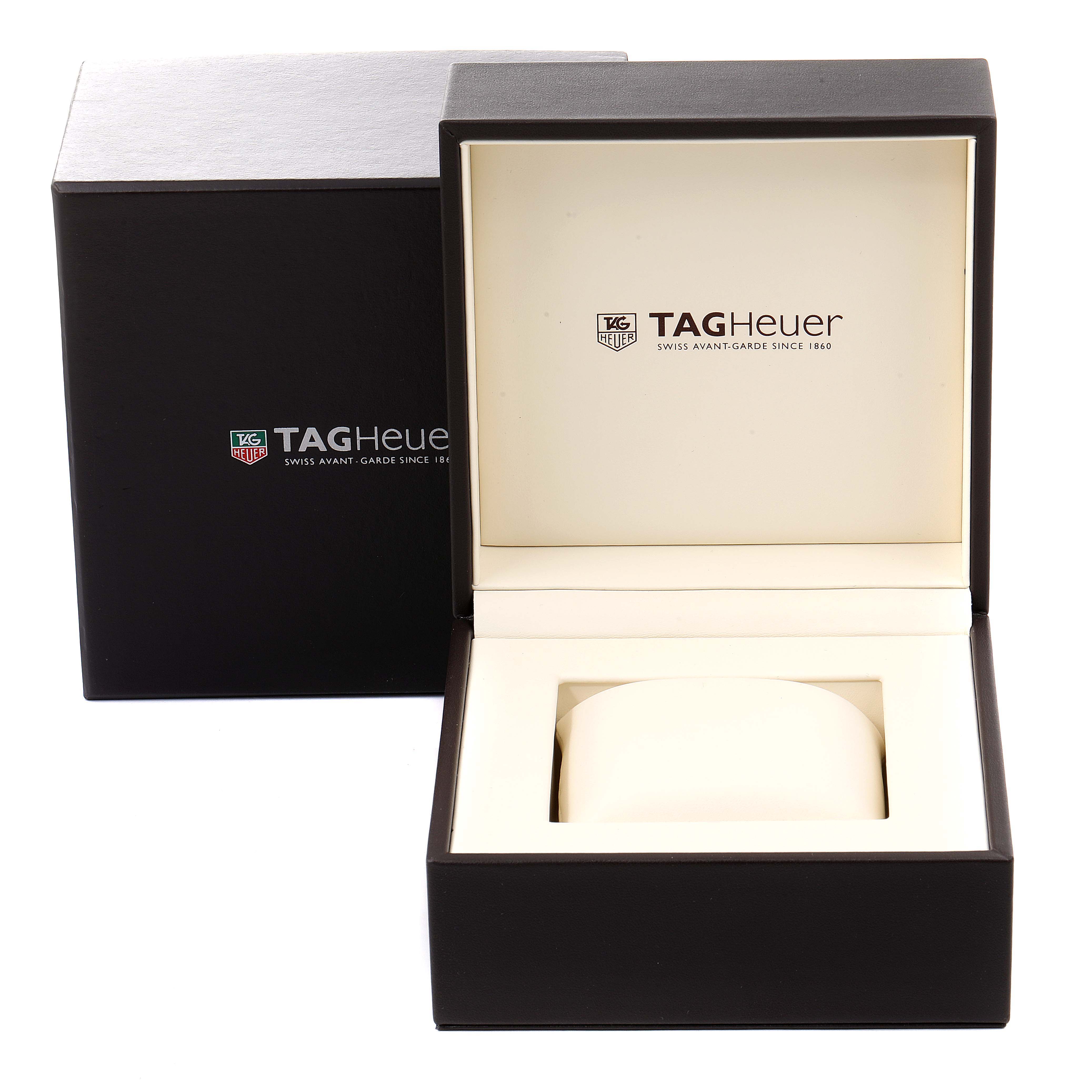 The image shows an open Tag Heuer Carrera WAV511E.BA0900 Men's Stainless Steel Brown Dial WAV511E.BA0900 Men's Stainless Steel Brown Dial watch box with the brand's logo visible outside and inside the box.
