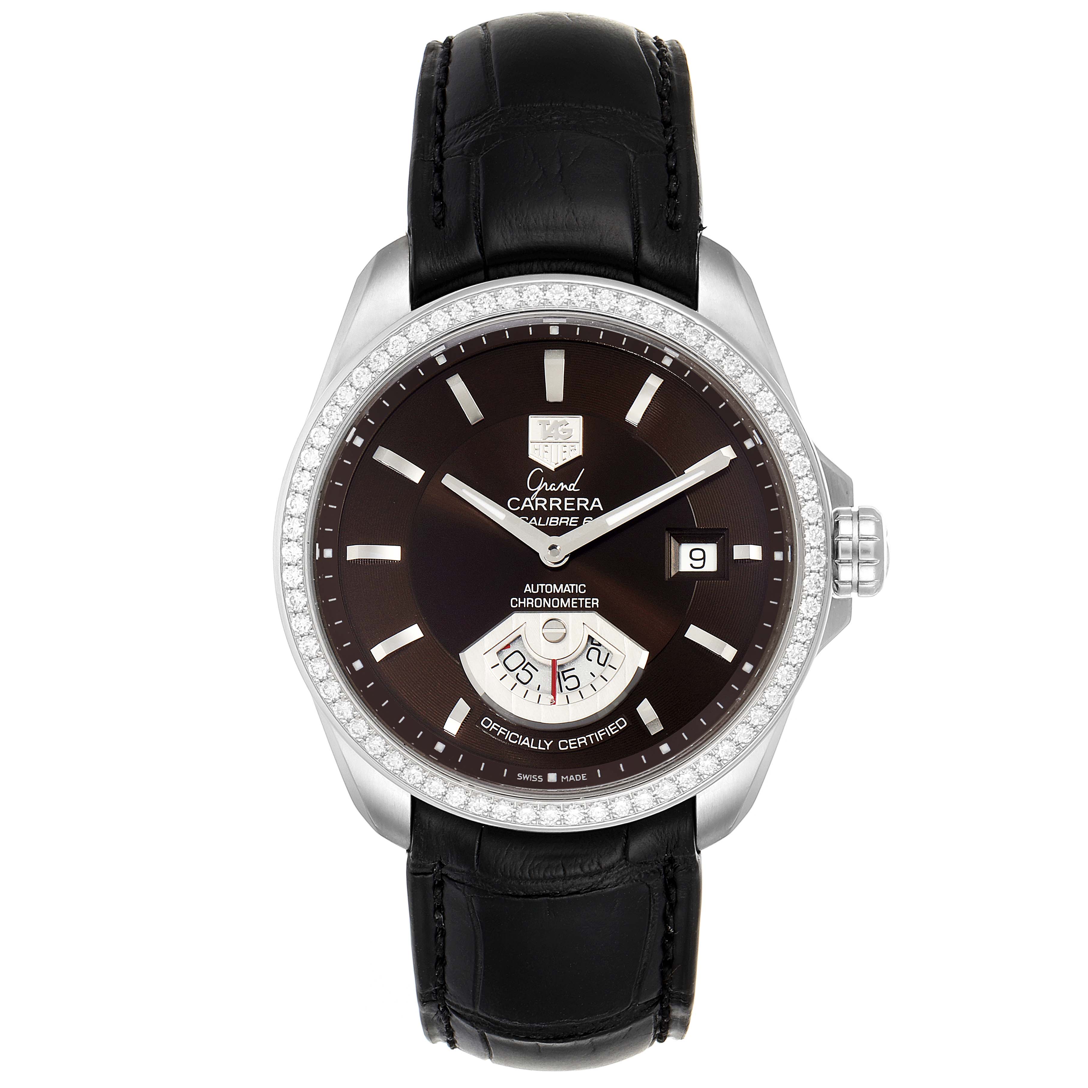 The image shows a frontal view of a Tag Heuer Carrera WAV511E.BA0900 Men's Stainless Steel Brown Dial WAV511E.BA0900 Men's Stainless Steel Brown Dial watch, displaying the dial, bezel, and leather strap.