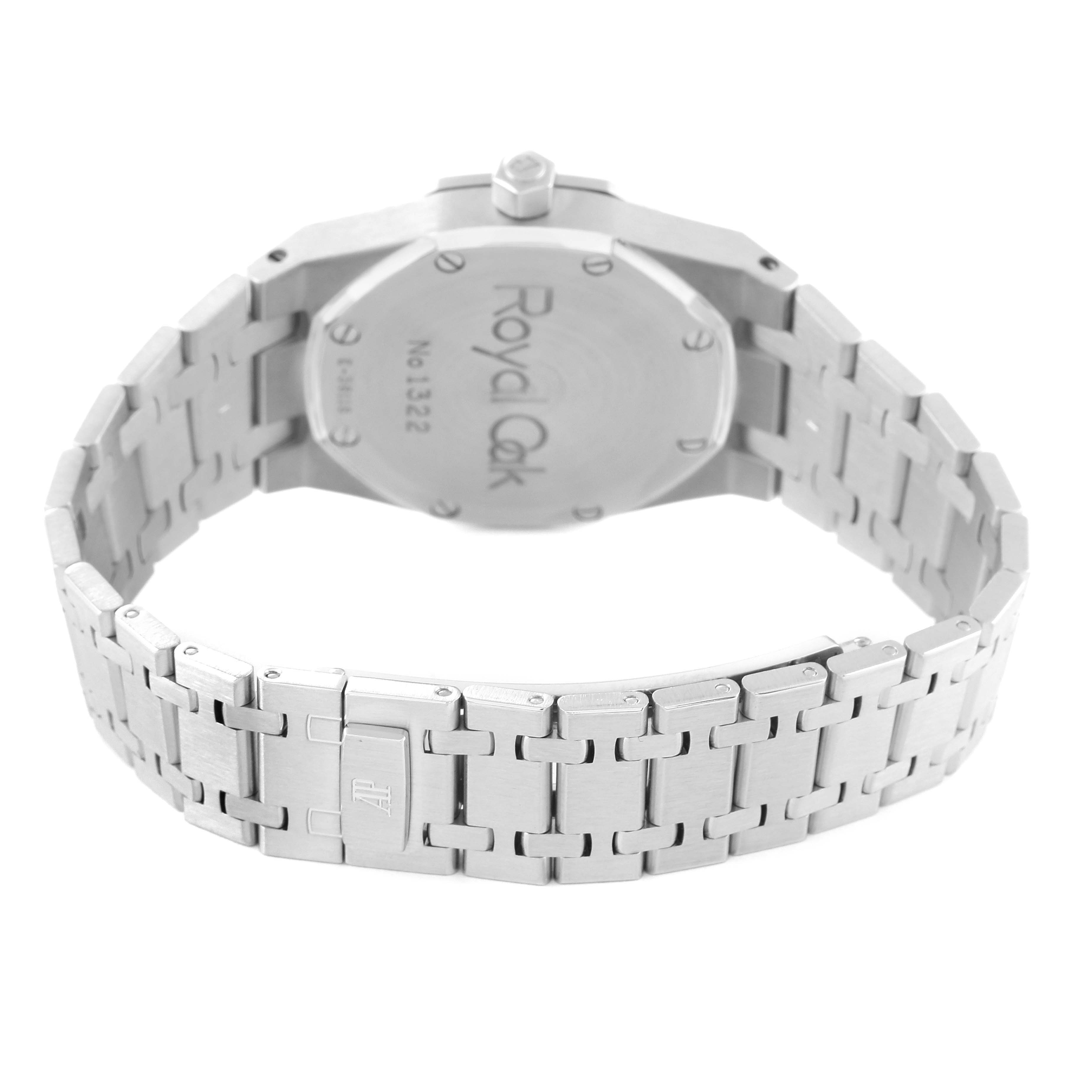 This image of the Audemars Piguet Royal Oak 15000ST.OO.0789ST.05 Men's Stainless Steel Blue Dial 15000ST.OO.0789ST.05 Men's Stainless Steel Blue Dial model shows the watch from the back, highlighting the case back and the bracelet.