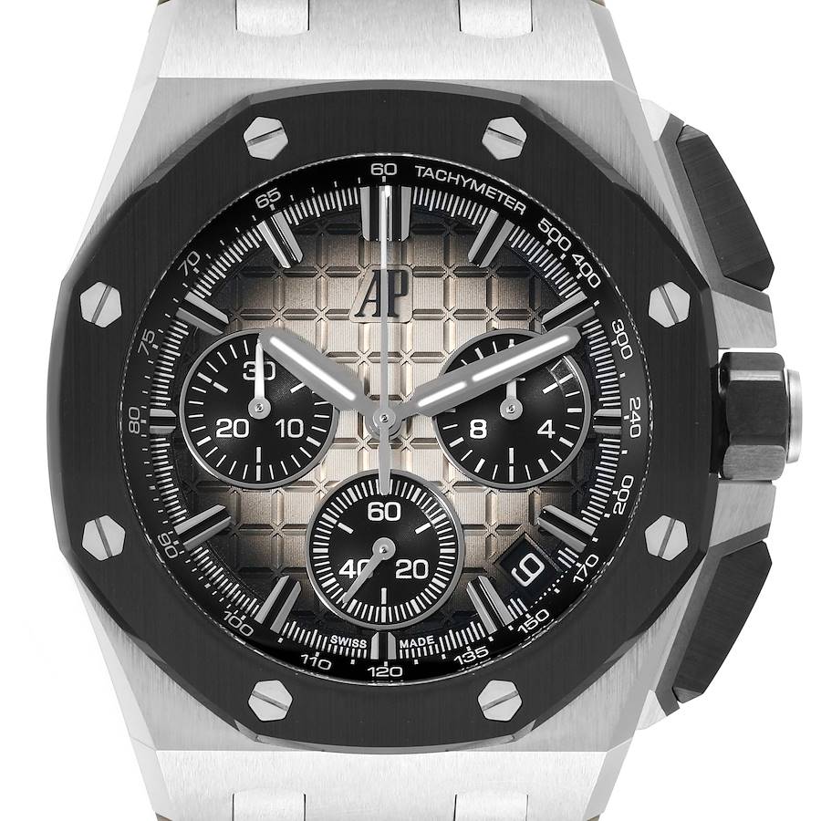 The Royal Oak Offshore watch by Audemars Piguet is shown from a front angle, highlighting its dial and bezel details.