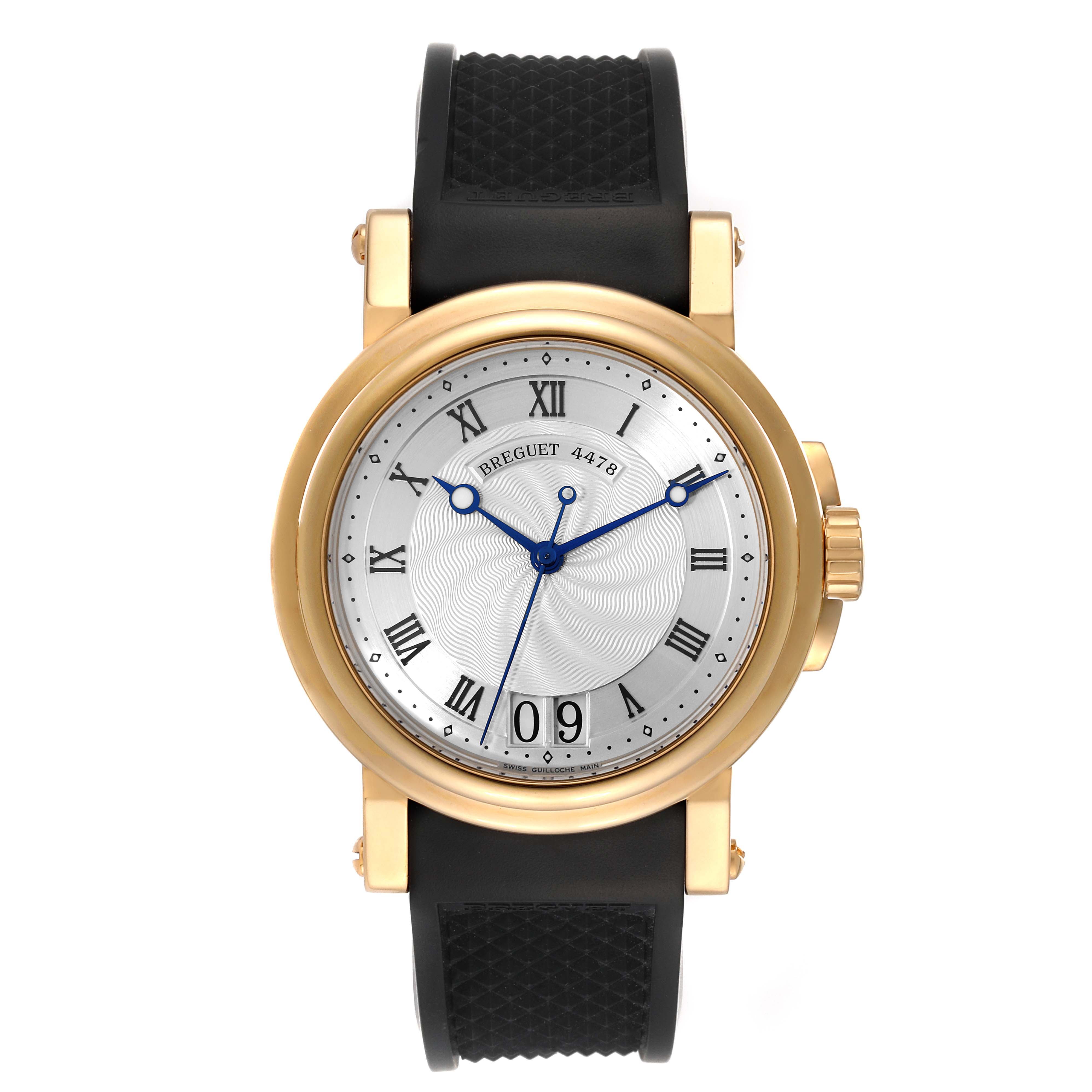 The Breguet Marine 5817BA/12/9V8 Men's Yellow Gold Silver Dial 5817BA/12/9V8 Men's Yellow Gold Silver Dial model watch is shown from a front angle, displaying its face, bezel, and strap.