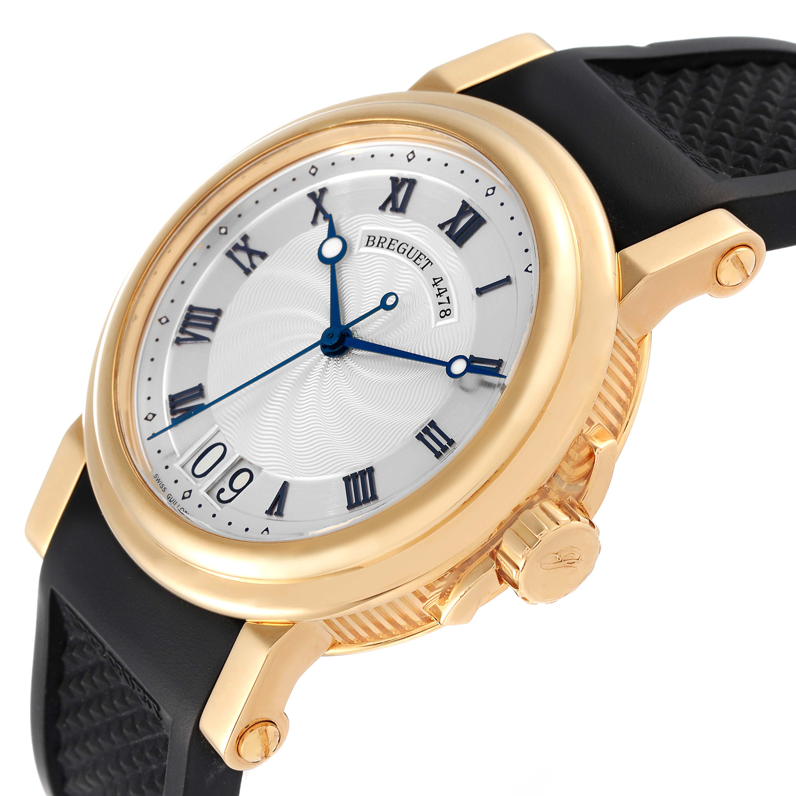 This image shows a side angle view of a Breguet Marine 5817BA/12/9V8 Men's Yellow Gold Silver Dial 5817BA/12/9V8 Men's Yellow Gold Silver Dial watch, highlighting its gold case, black strap, and blue hands.