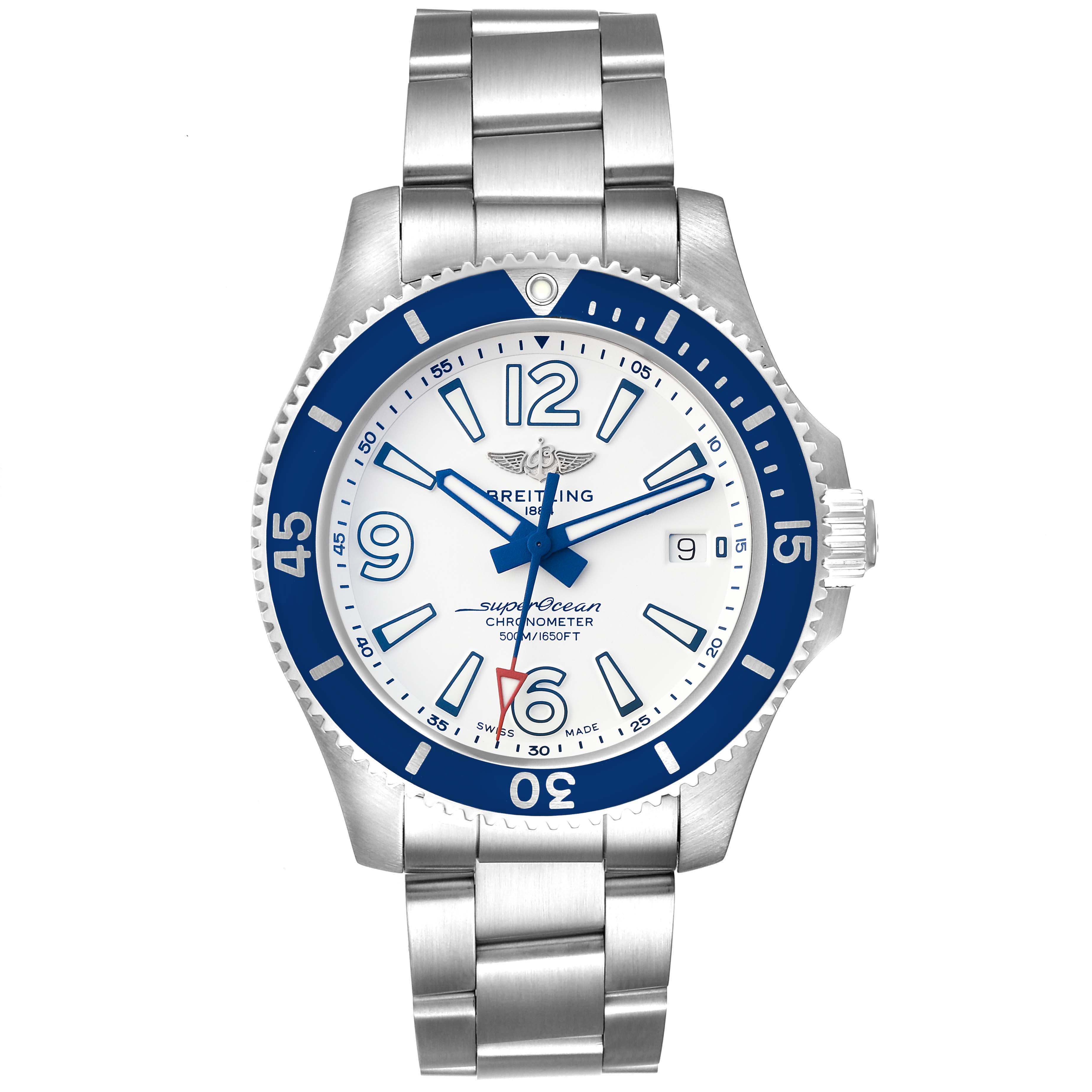 This image shows a front view of the Breitling Superocean A17366 Men's Stainless Steel White Dial A17366 Men's Stainless Steel White Dial watch, highlighting its face, bezel, and bracelet.