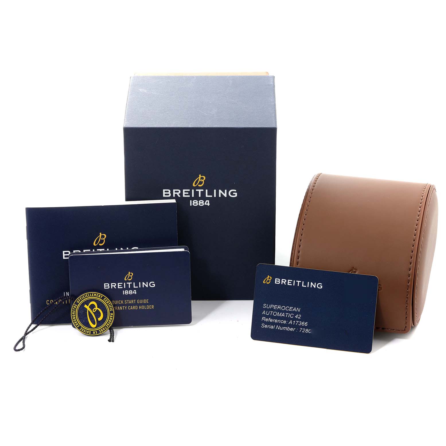The image shows packaging, warranty, and documentation for a Breitling Superocean A17366 Men's Stainless Steel White Dial A17366 Men's Stainless Steel White Dial watch, including a box, leather case, and manuals.