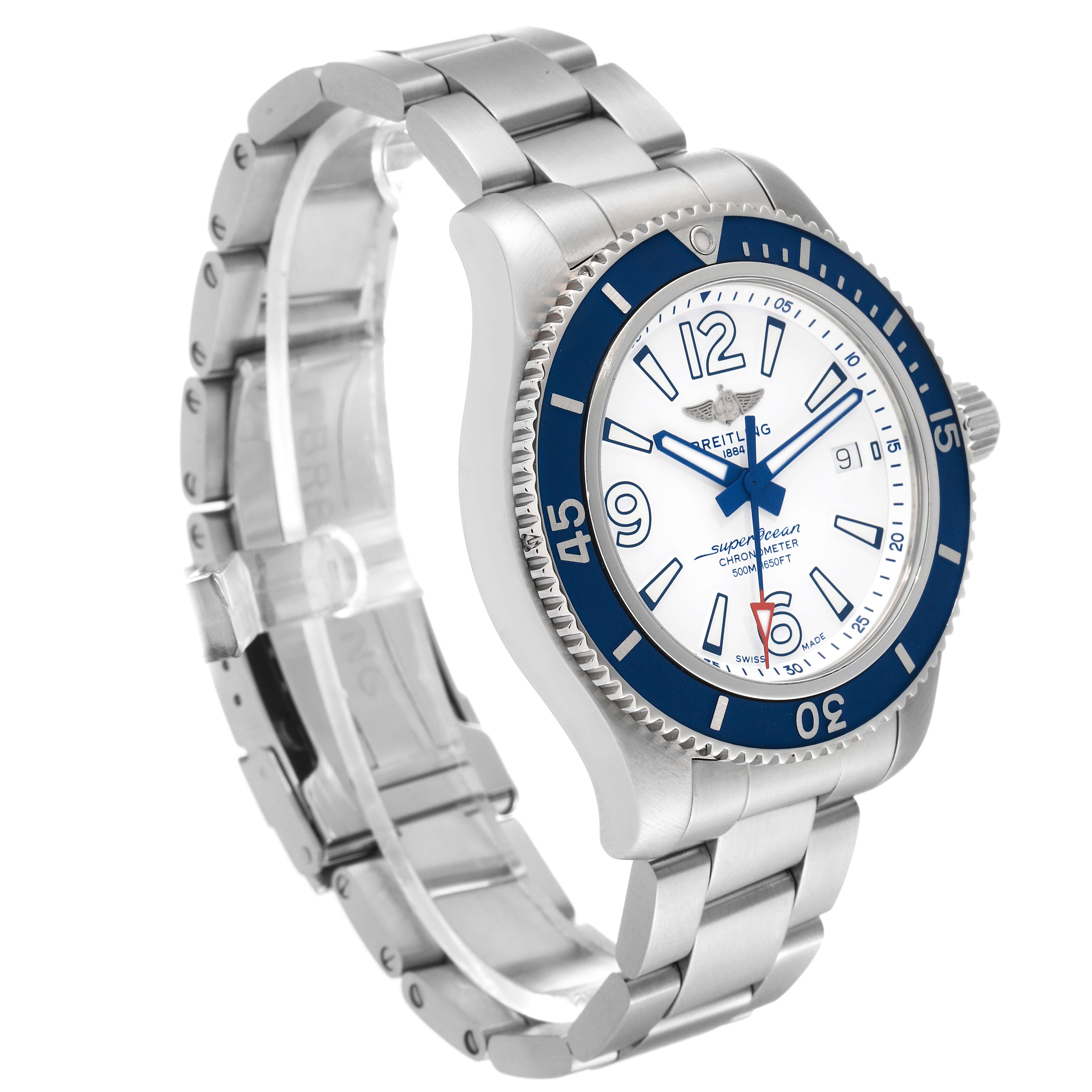 The Breitling Superocean A17366 Men's Stainless Steel White Dial A17366 Men's Stainless Steel White Dial watch is shown at a three-quarter angle, displaying the dial, case, bezel, and part of the bracelet.